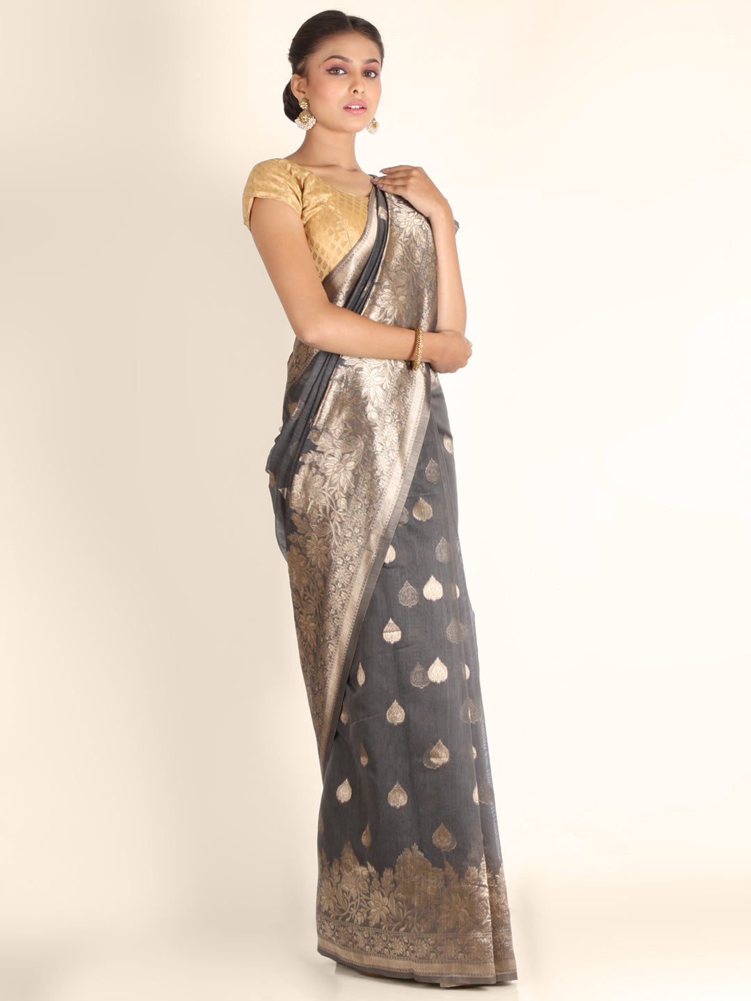Dark Grey Foil Print  Linen Saree 