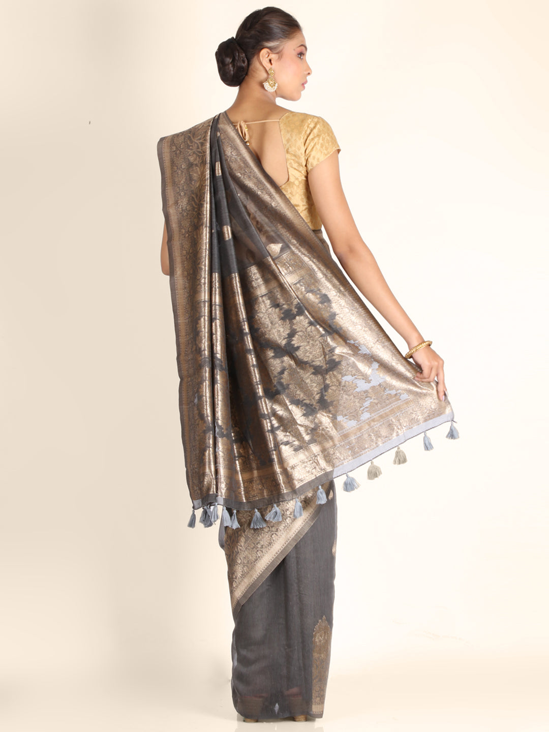 Dark Grey Foil Print  Linen Saree 