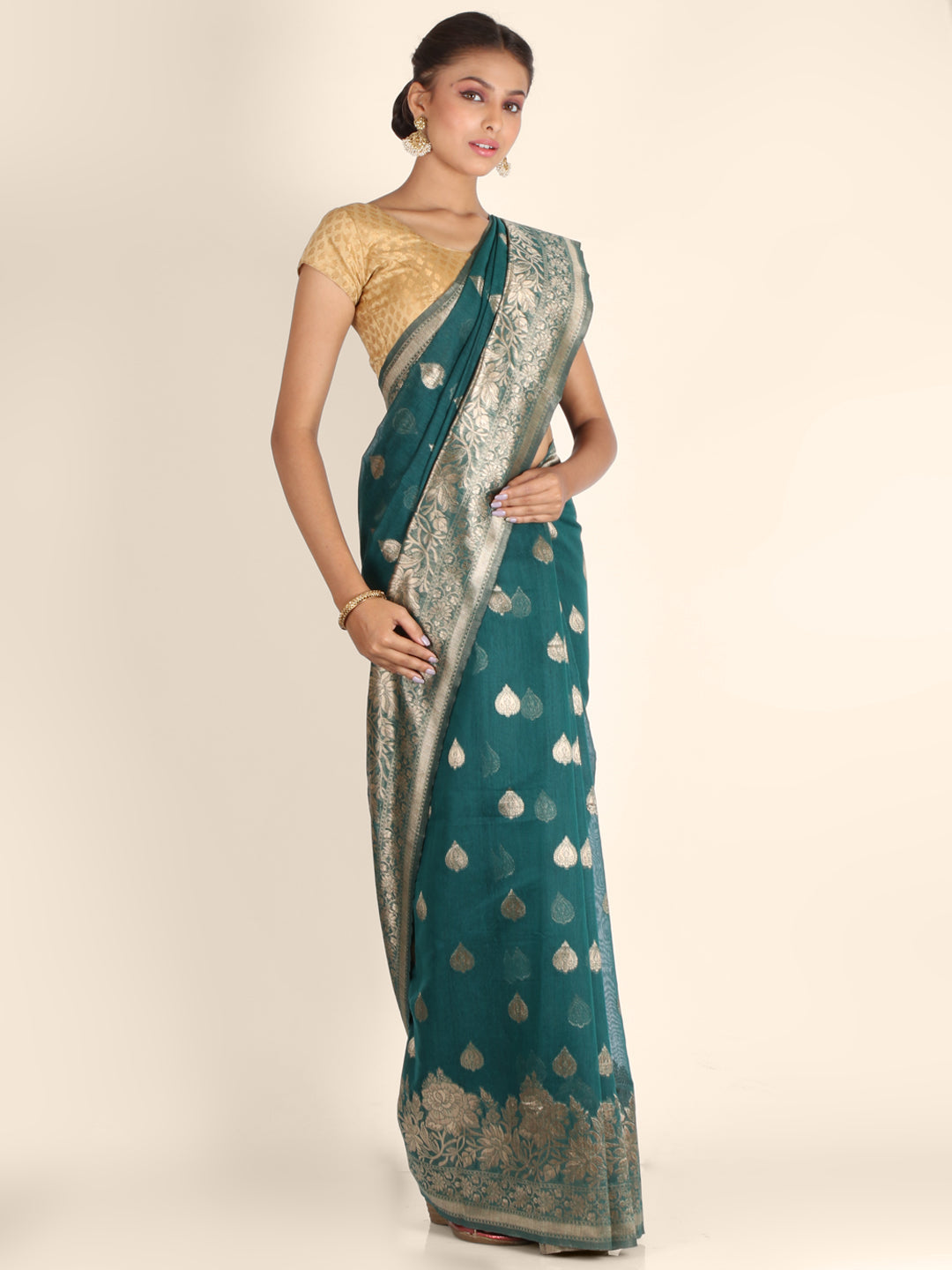Teal Green Foil Print Linen saree 