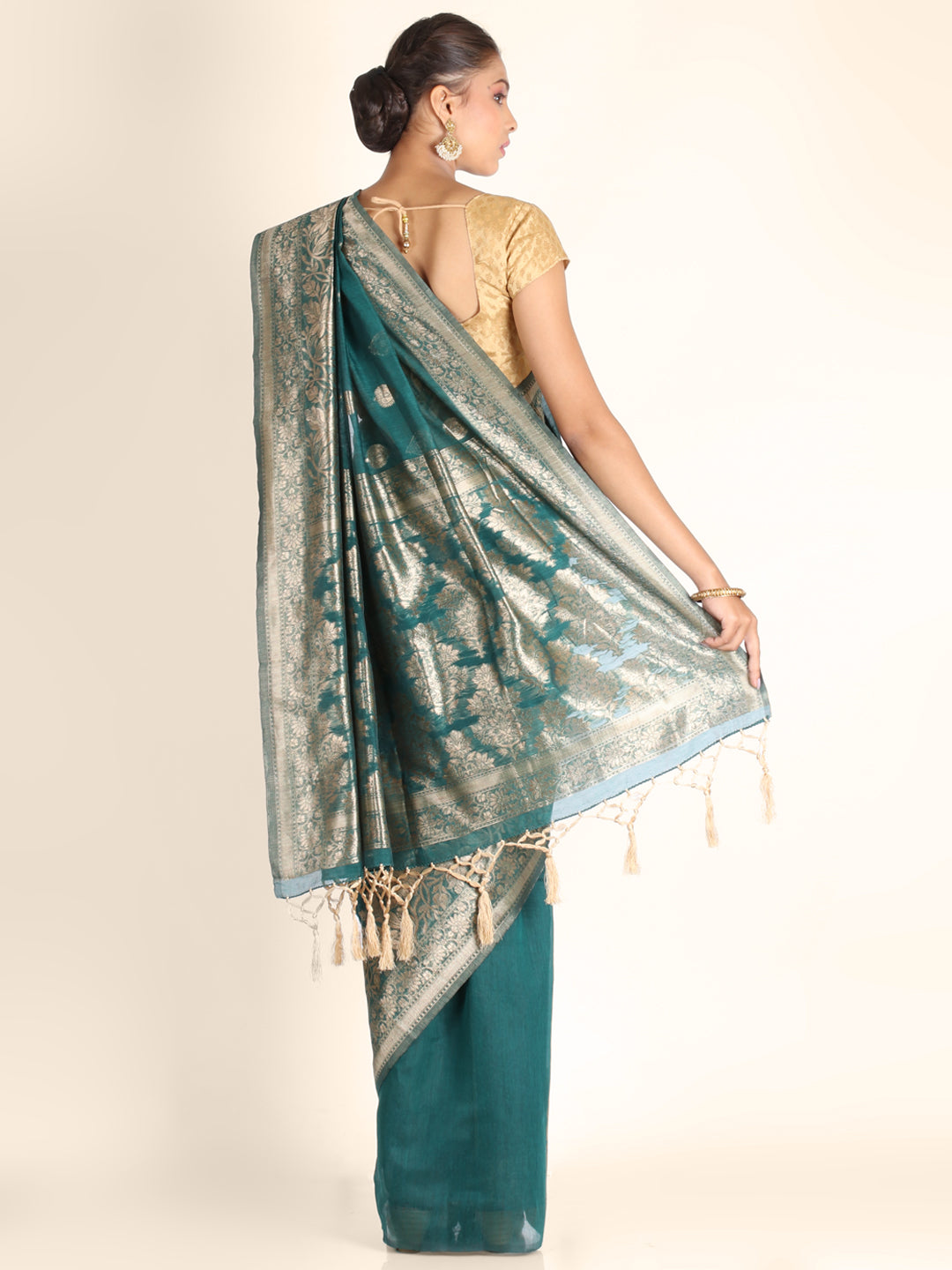 Teal Green Foil Print Linen saree 
