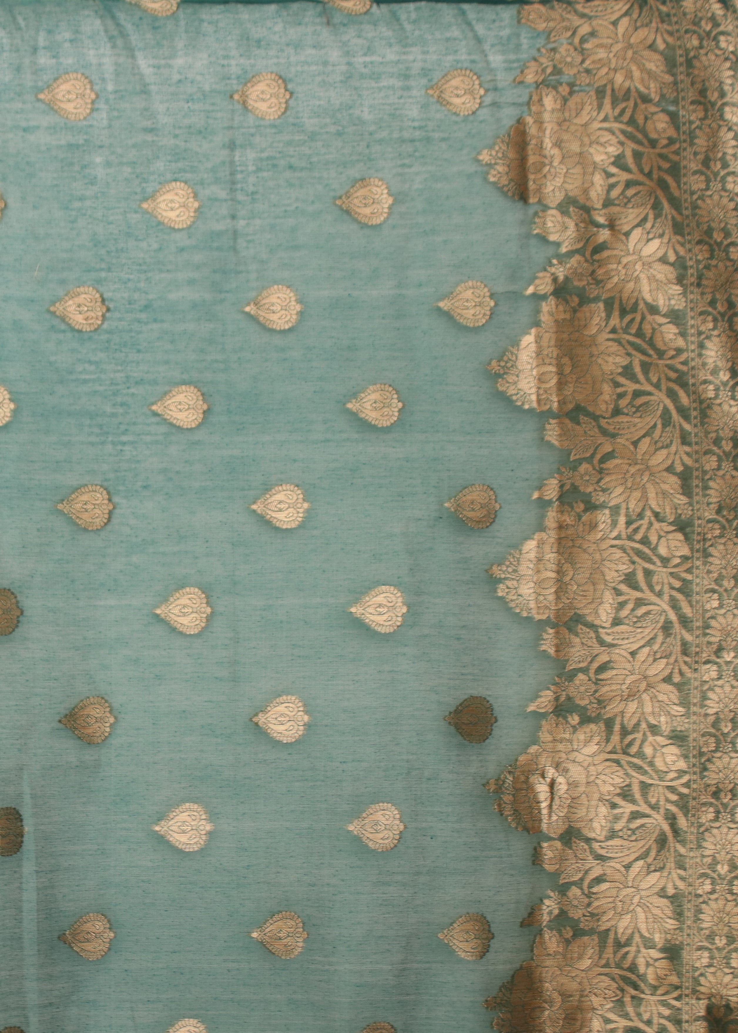 Teal Green Foil Print Linen saree 