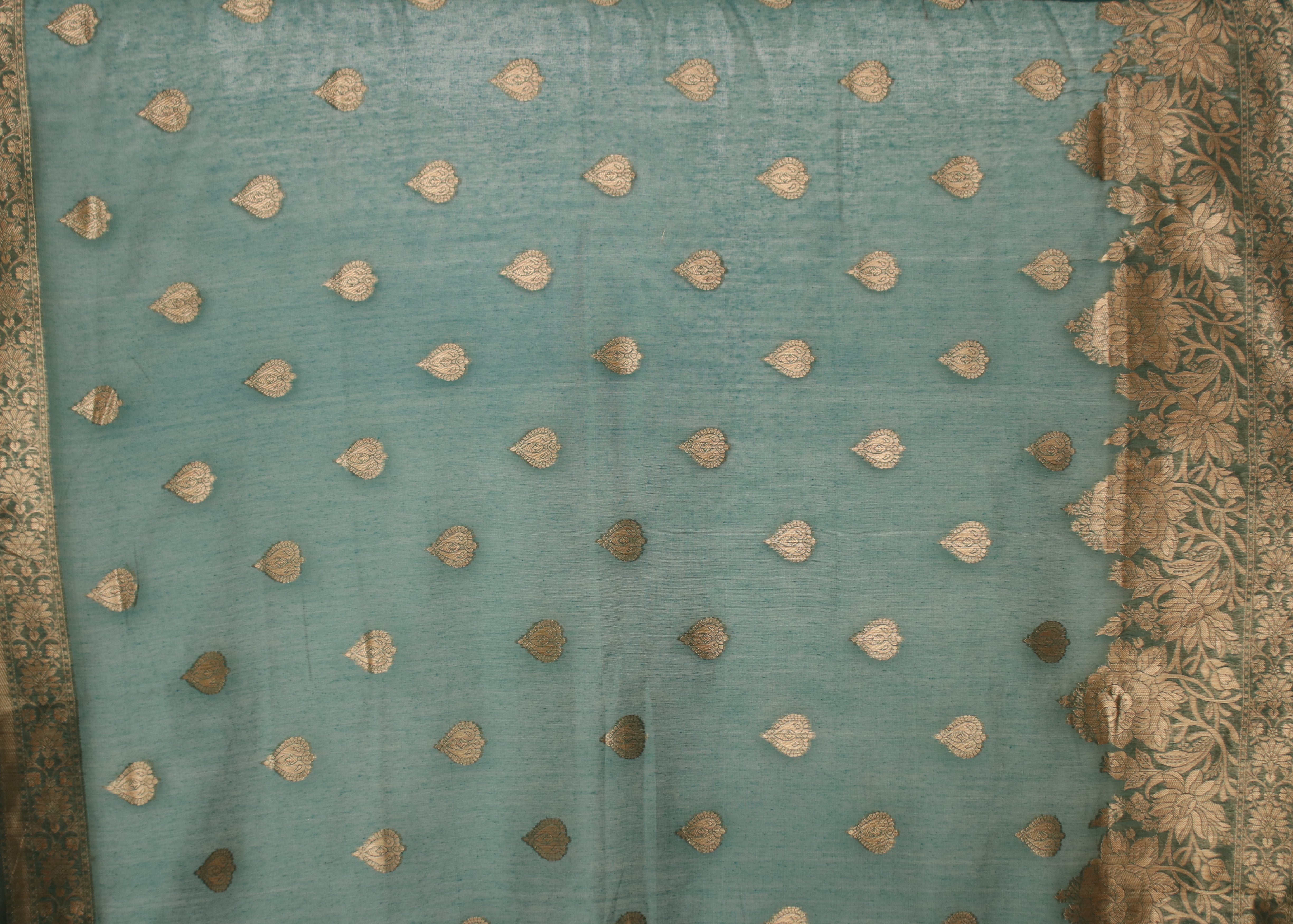 Teal Green Foil Print Linen saree 
