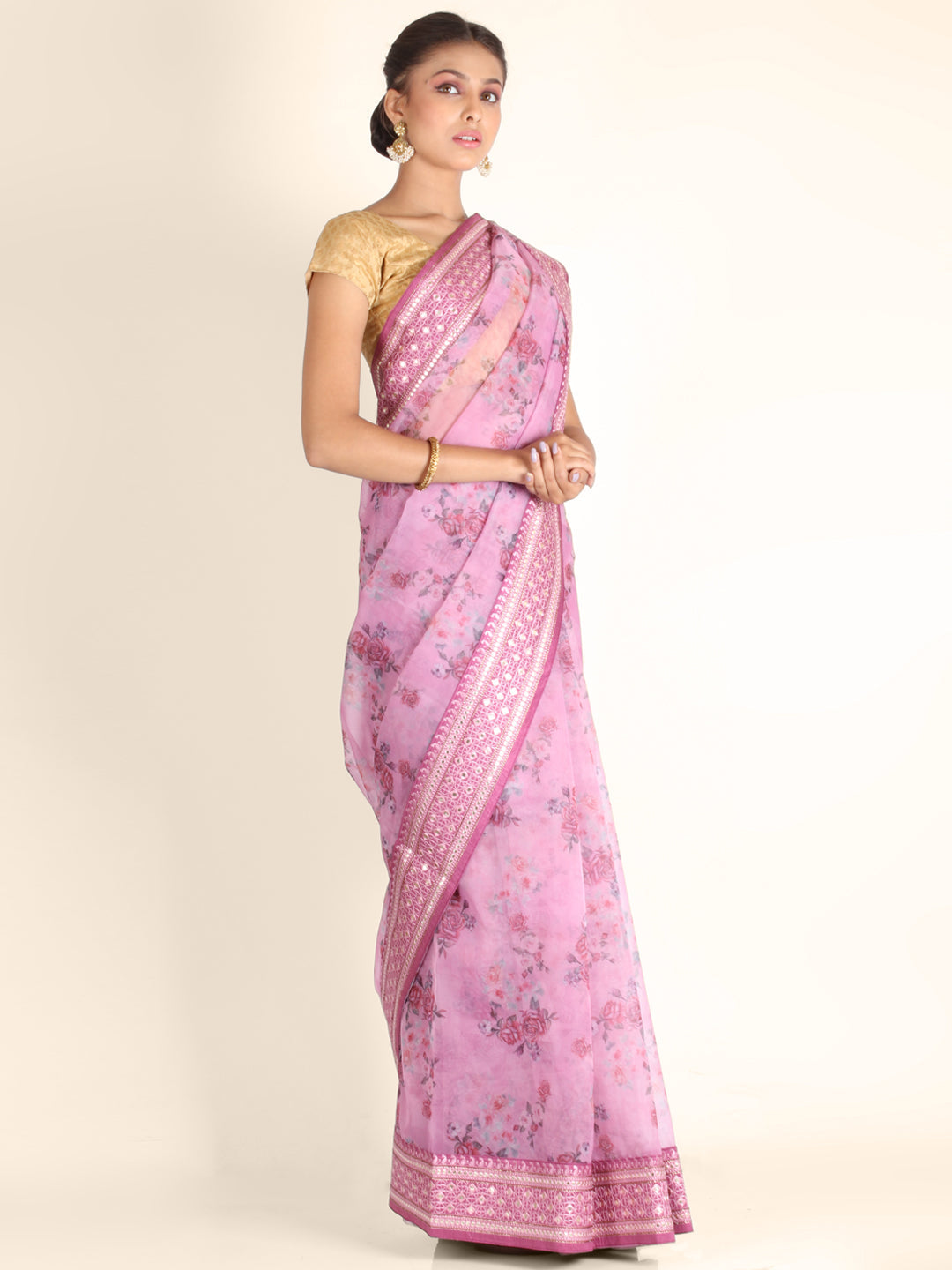 Lavender Abla Work Printed Organza Saree 