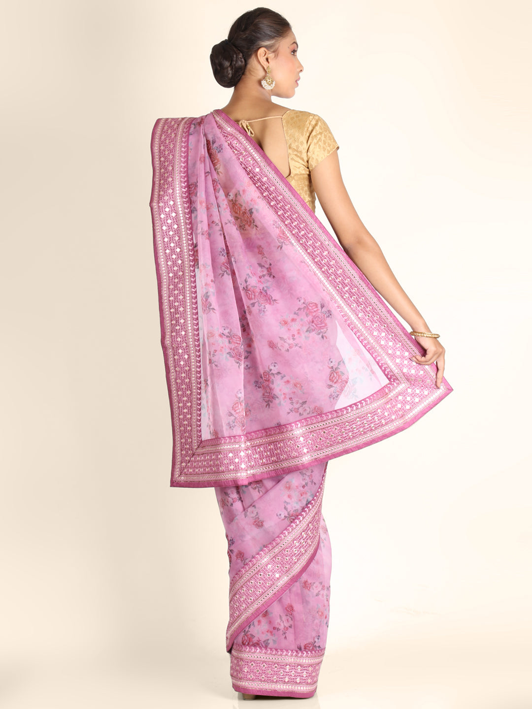 Lavender Abla Work Printed Organza Saree 