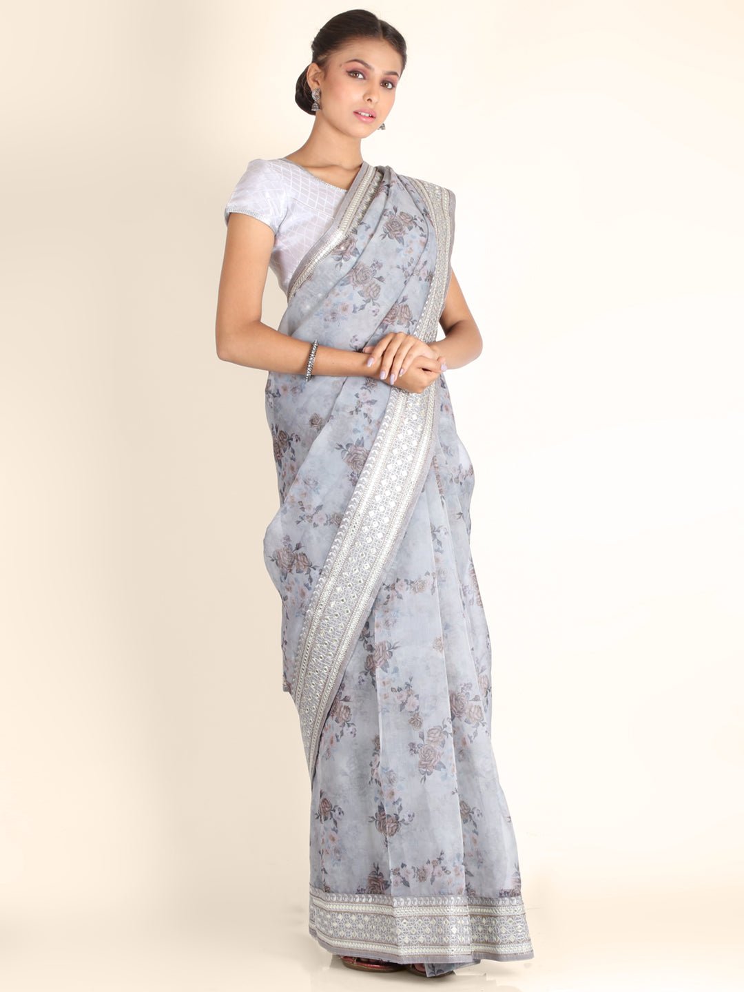 Grey Abla Work Organza Saree 