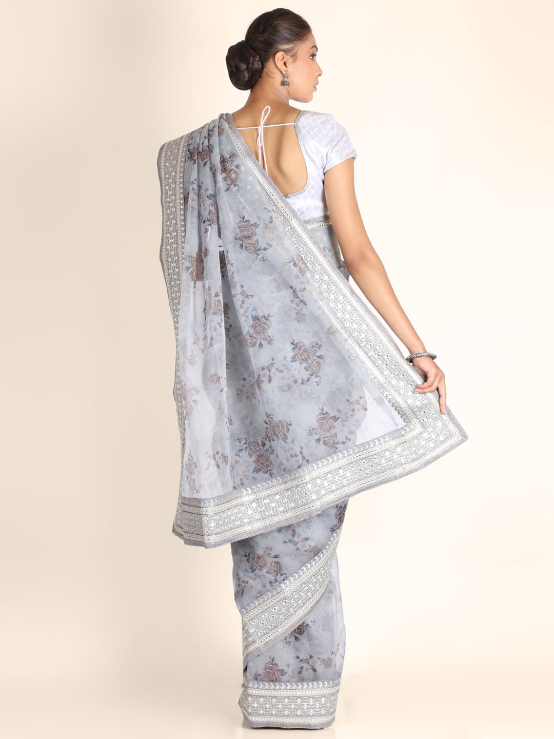 Grey Abla Work Organza Saree 