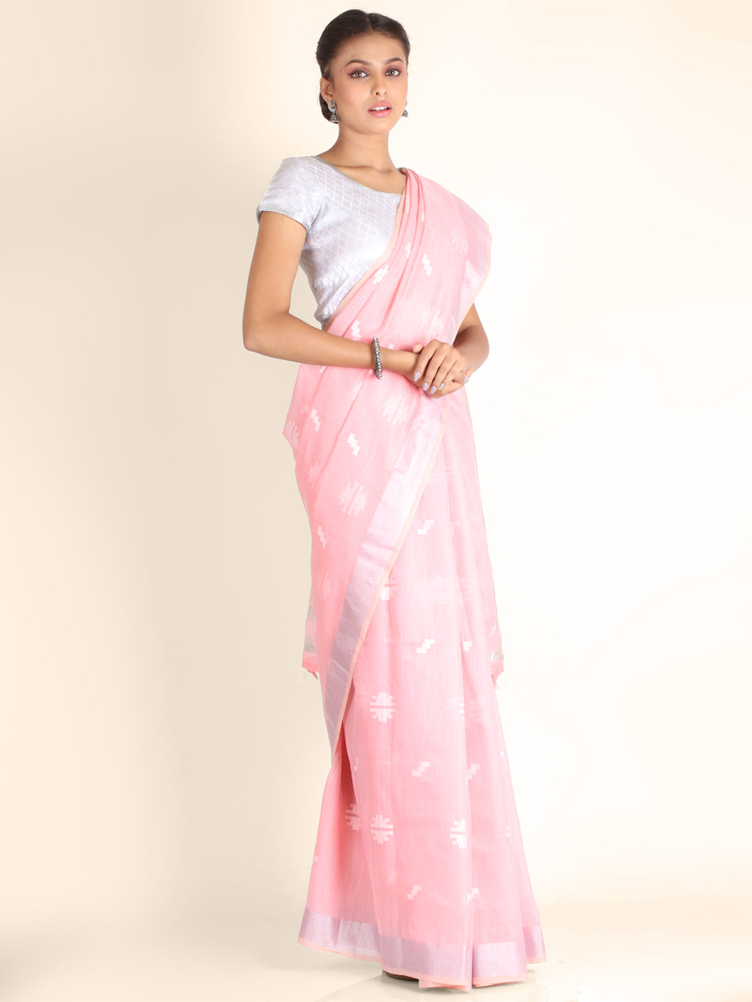 Pink Woven Design Linen Saree 