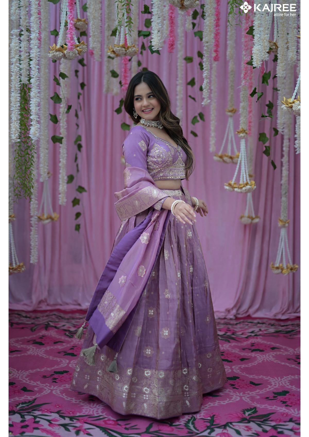 Purple Silk Foil Work Designer Lehenga 