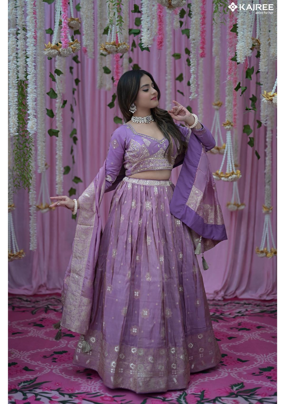 Purple Silk Foil Work Designer Lehenga 