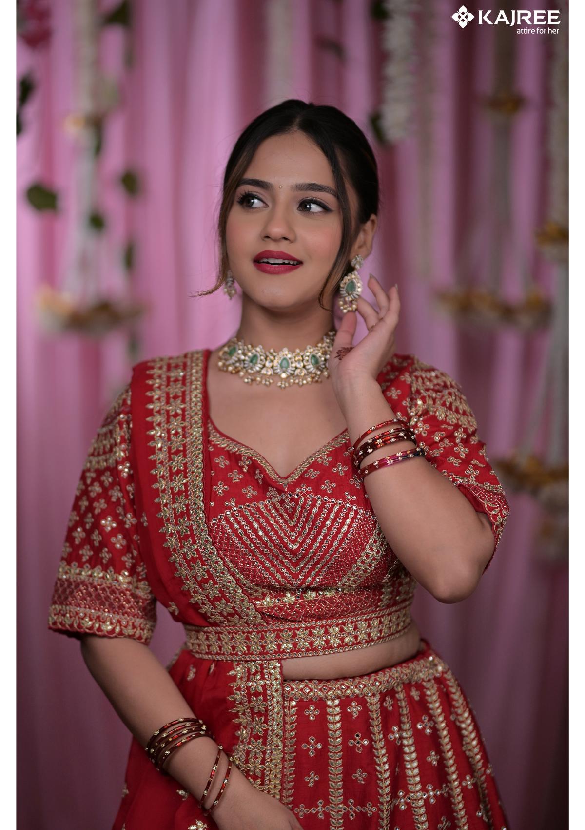 Red Gotta patti work Bridal Silk Lehenga 