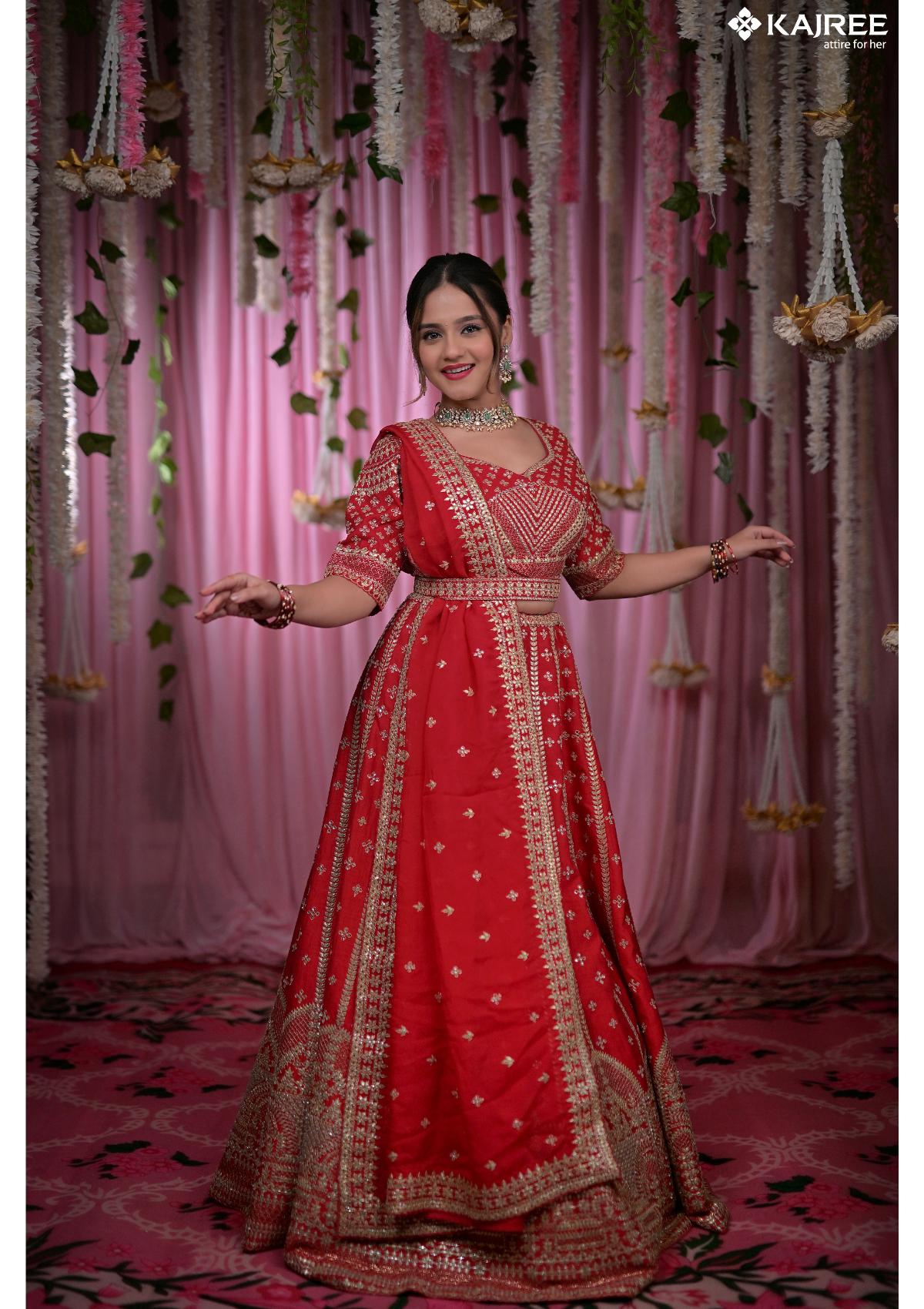 Red Gotta patti work Bridal Silk Lehenga 