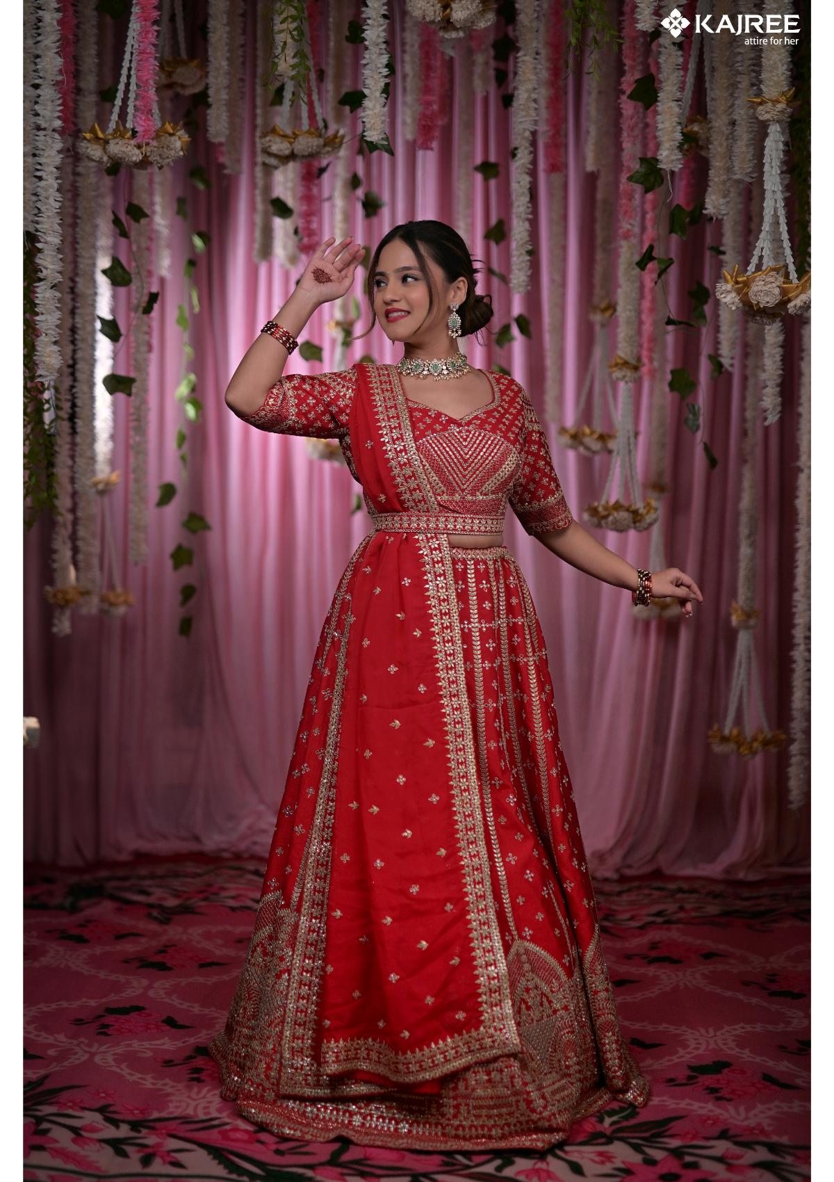 Red Gotta patti work Bridal Silk Lehenga 