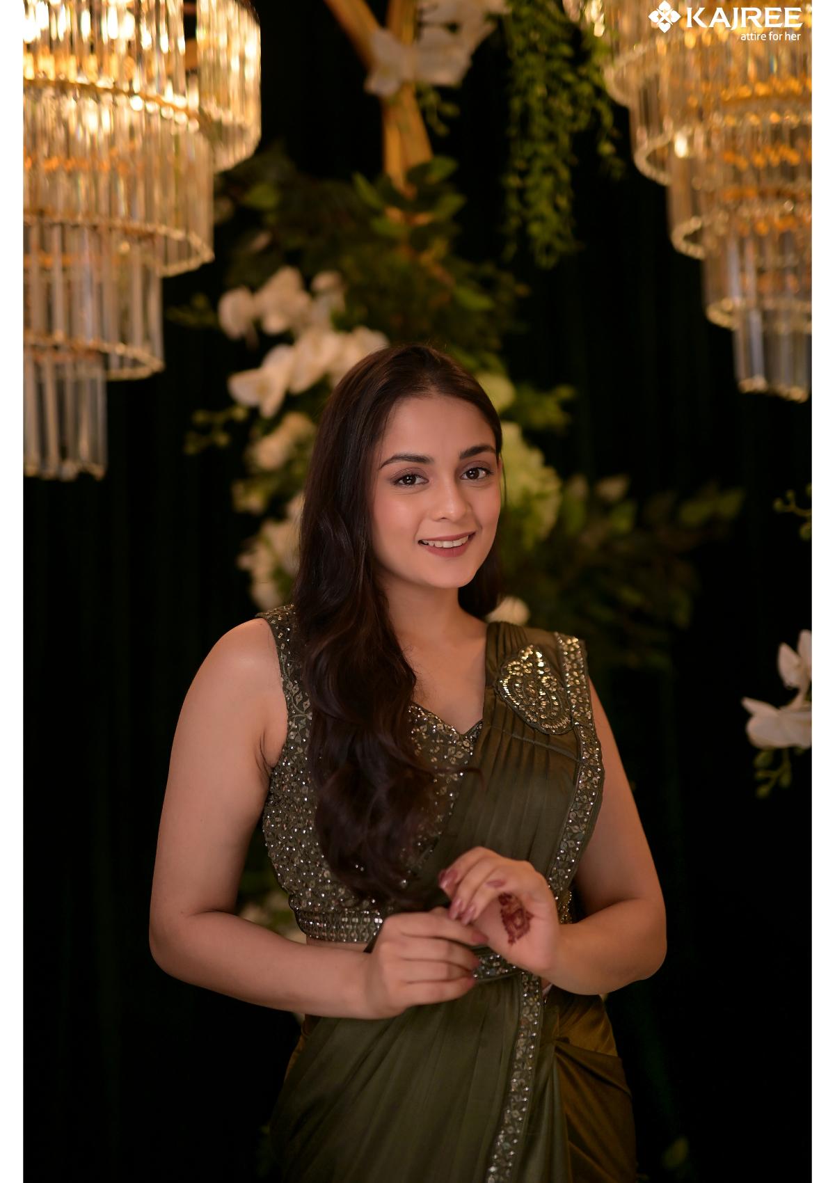 Green Satin Pre-Draped Sarees 