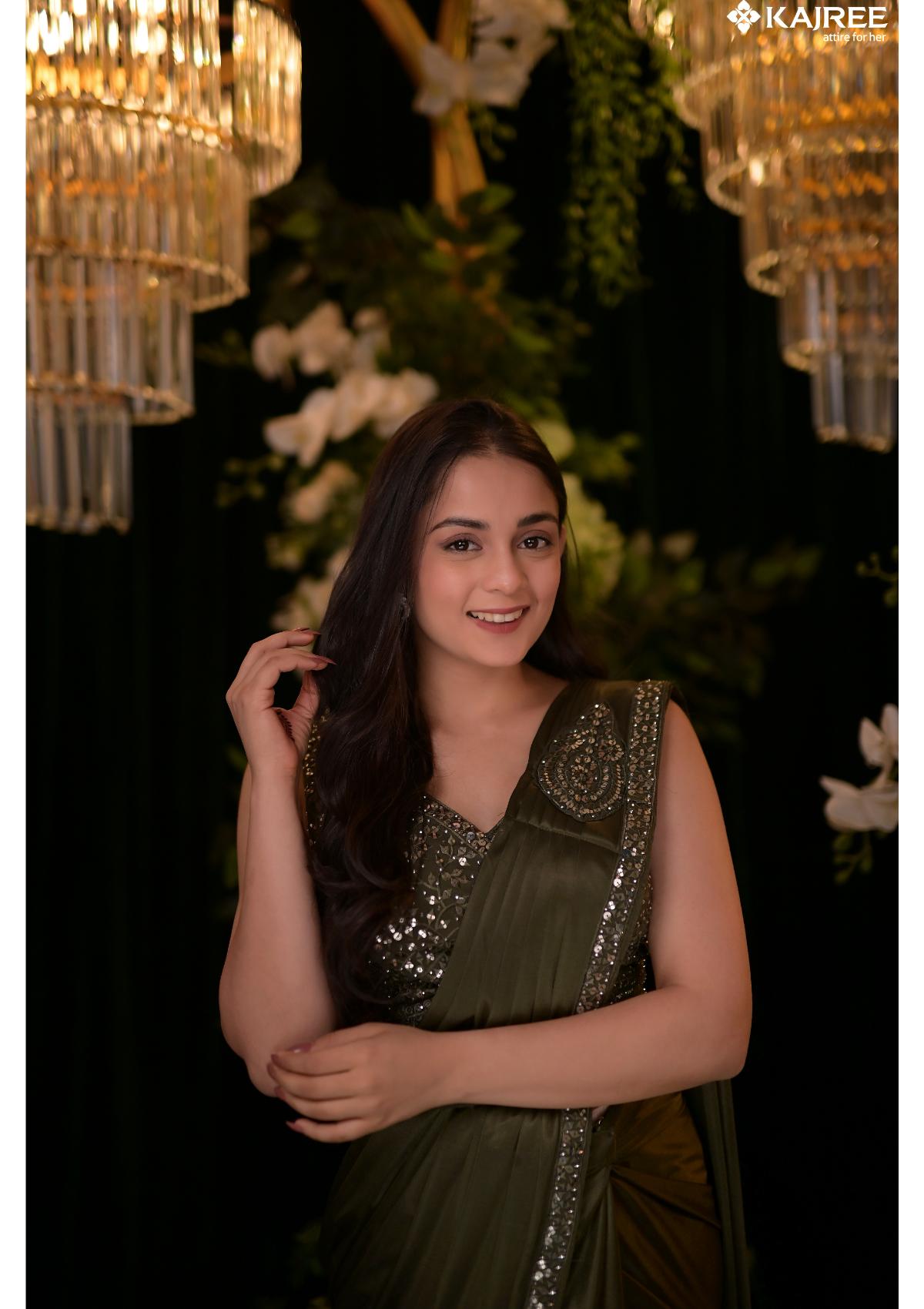 Green Satin Pre-Draped Sarees 