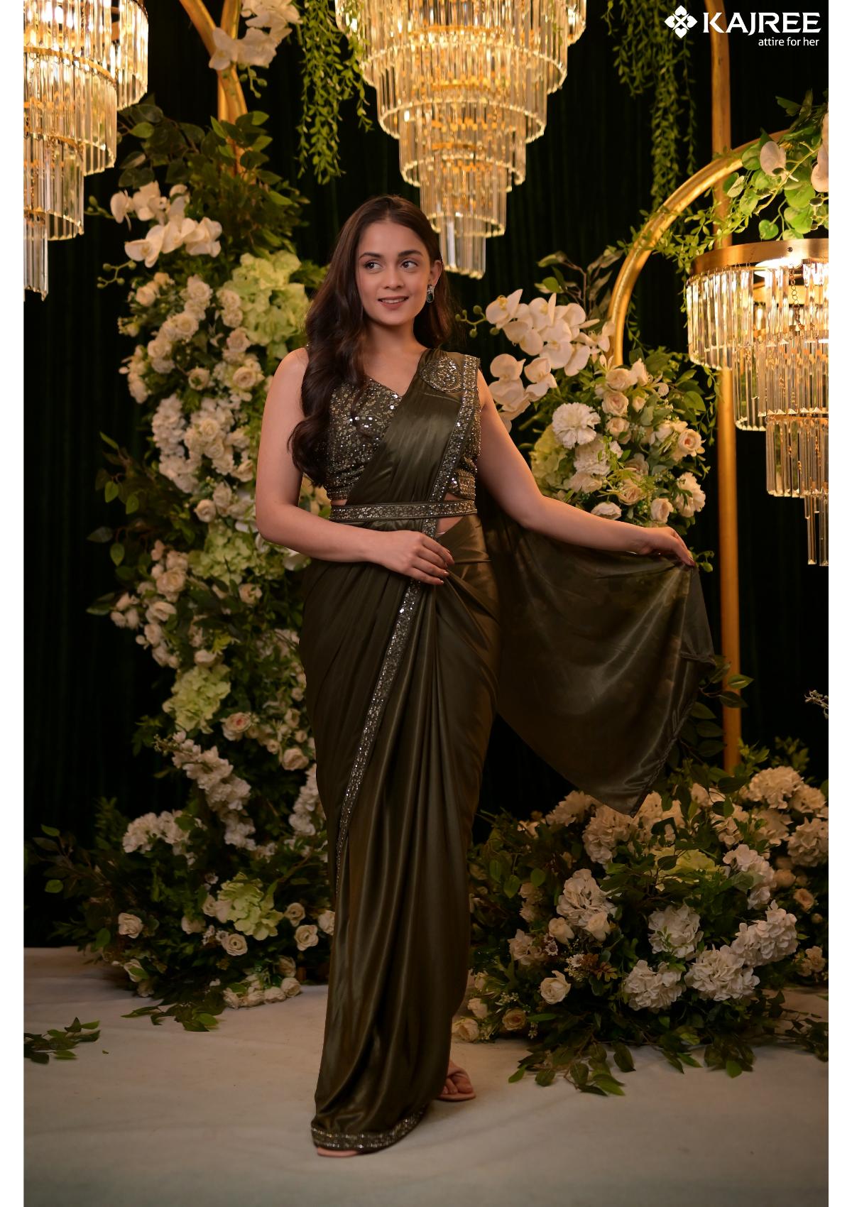 Green Satin Pre-Draped Sarees 