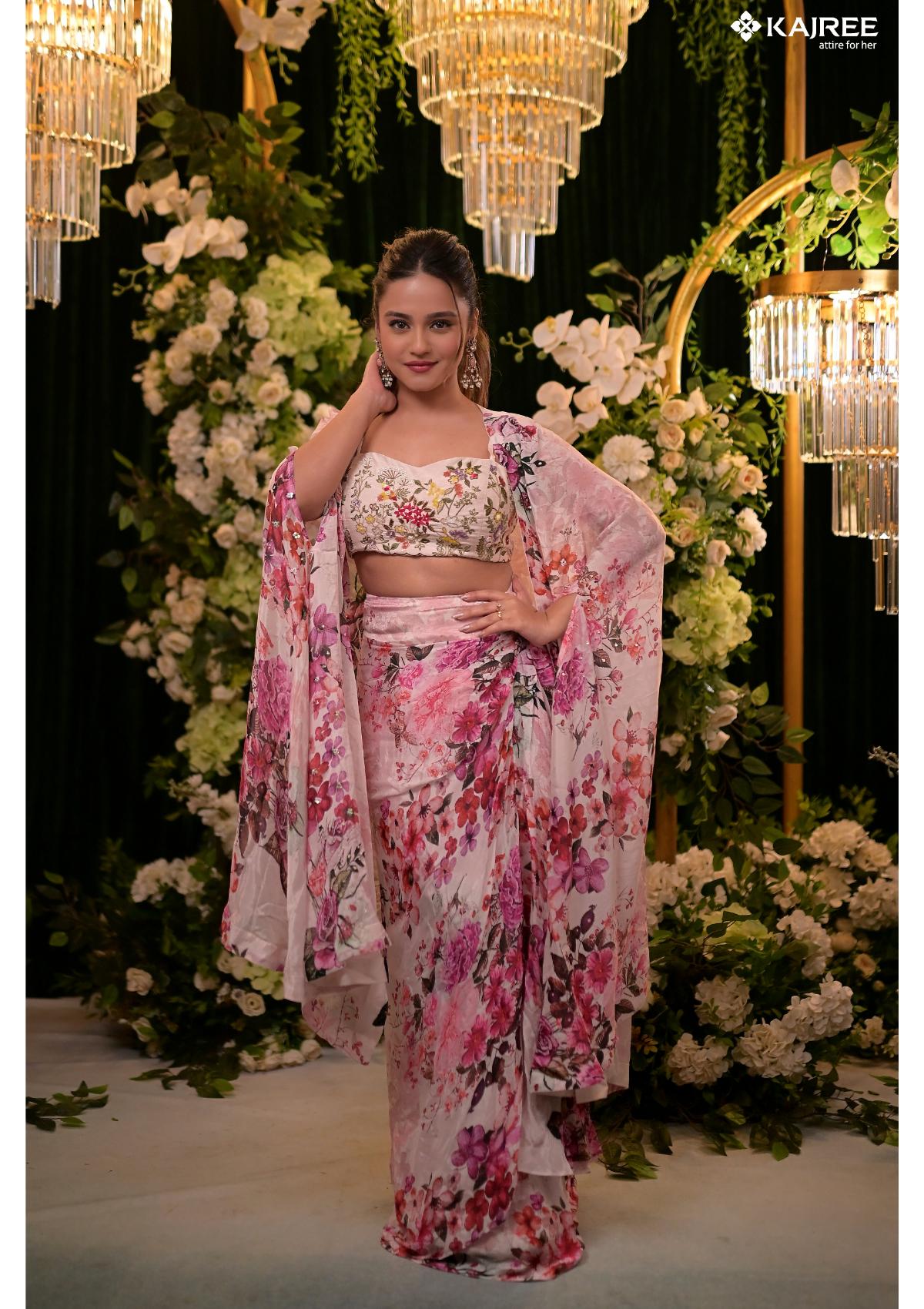 Pink Block print hand embroidery Silk Jacket Palazzo Set 