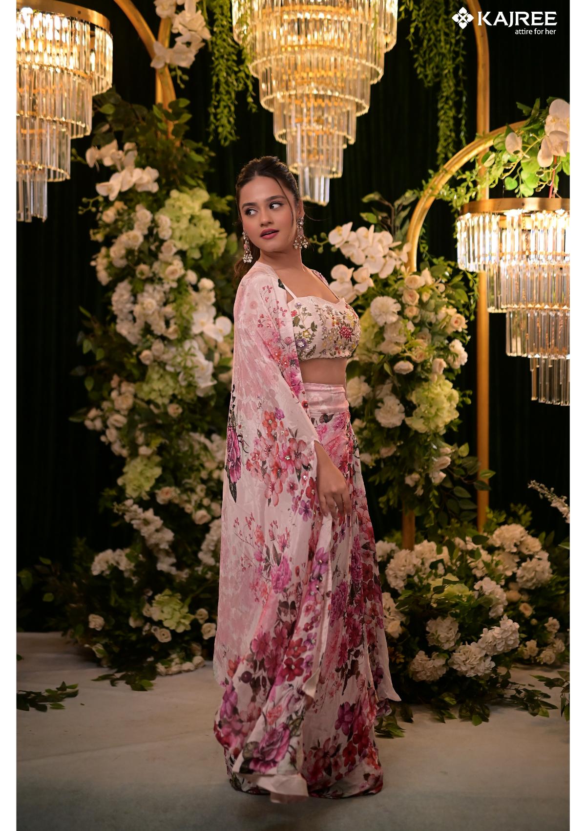 Pink Block print hand embroidery Silk Jacket Palazzo Set 