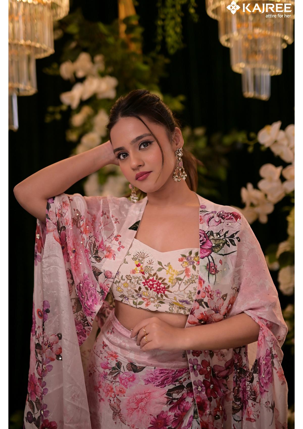 Pink Block print hand embroidery Silk Jacket Palazzo Set 