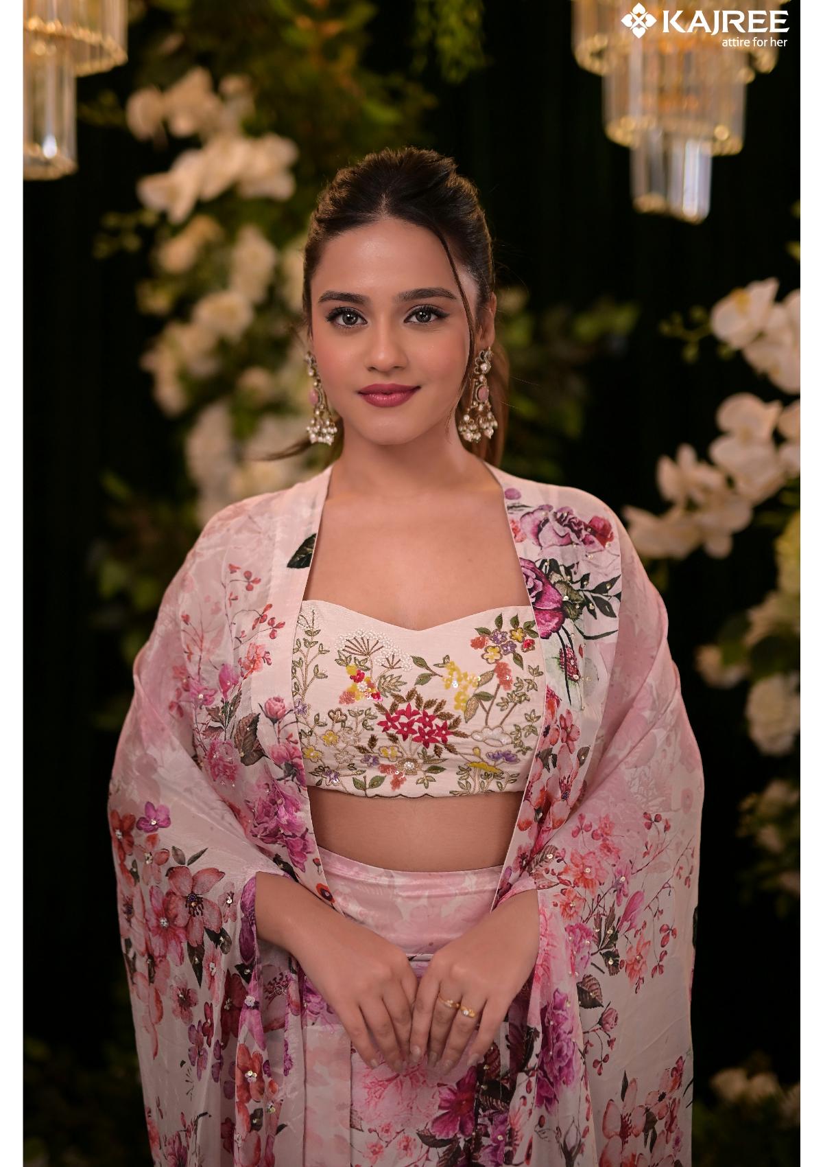 Pink Block print hand embroidery Silk Jacket Palazzo Set 