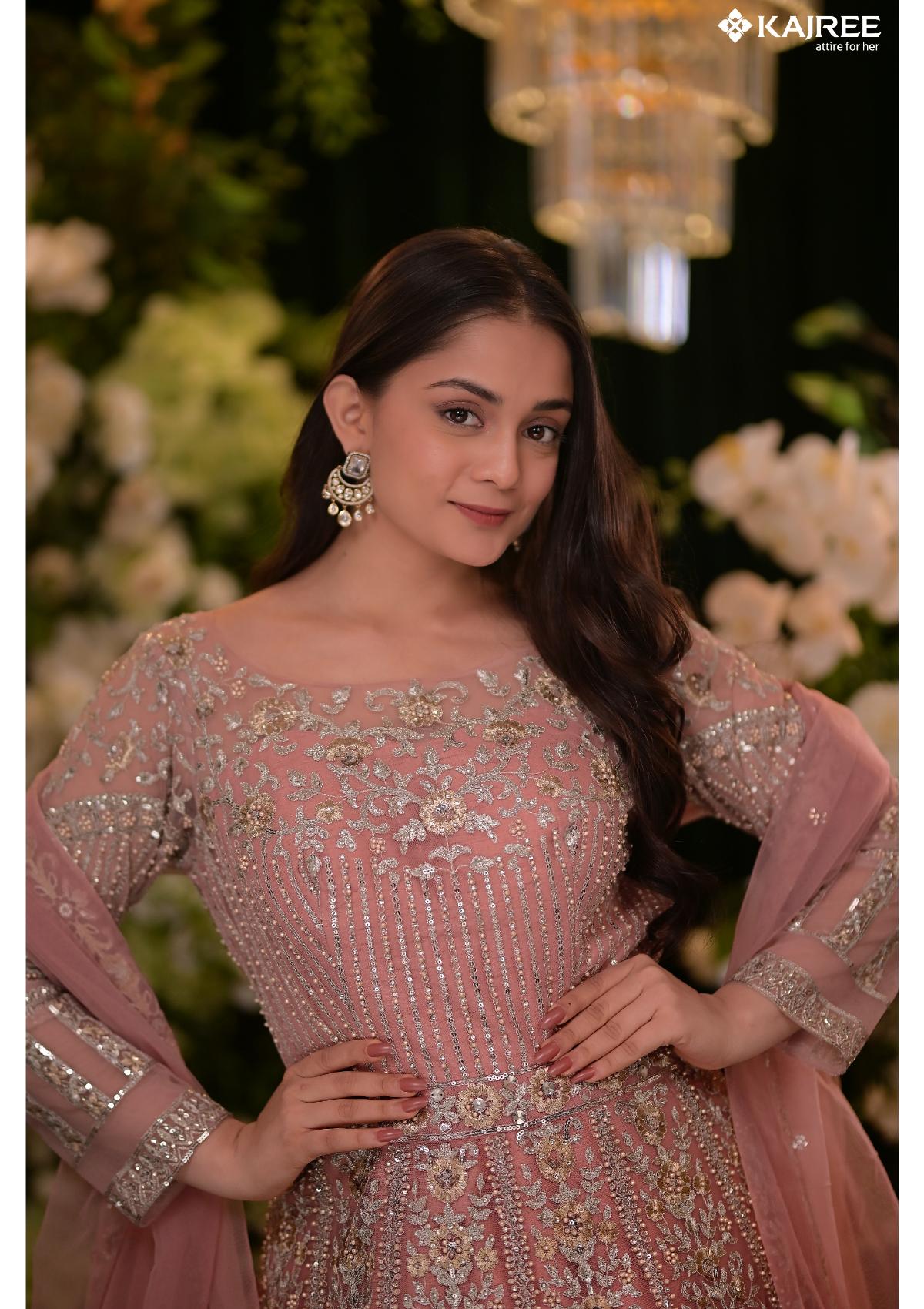 Pink Hand Embroidery Silk Gown 