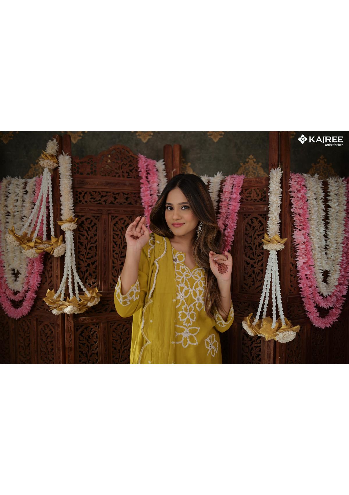 Yellow Threadwork Muslin Kurta Set 