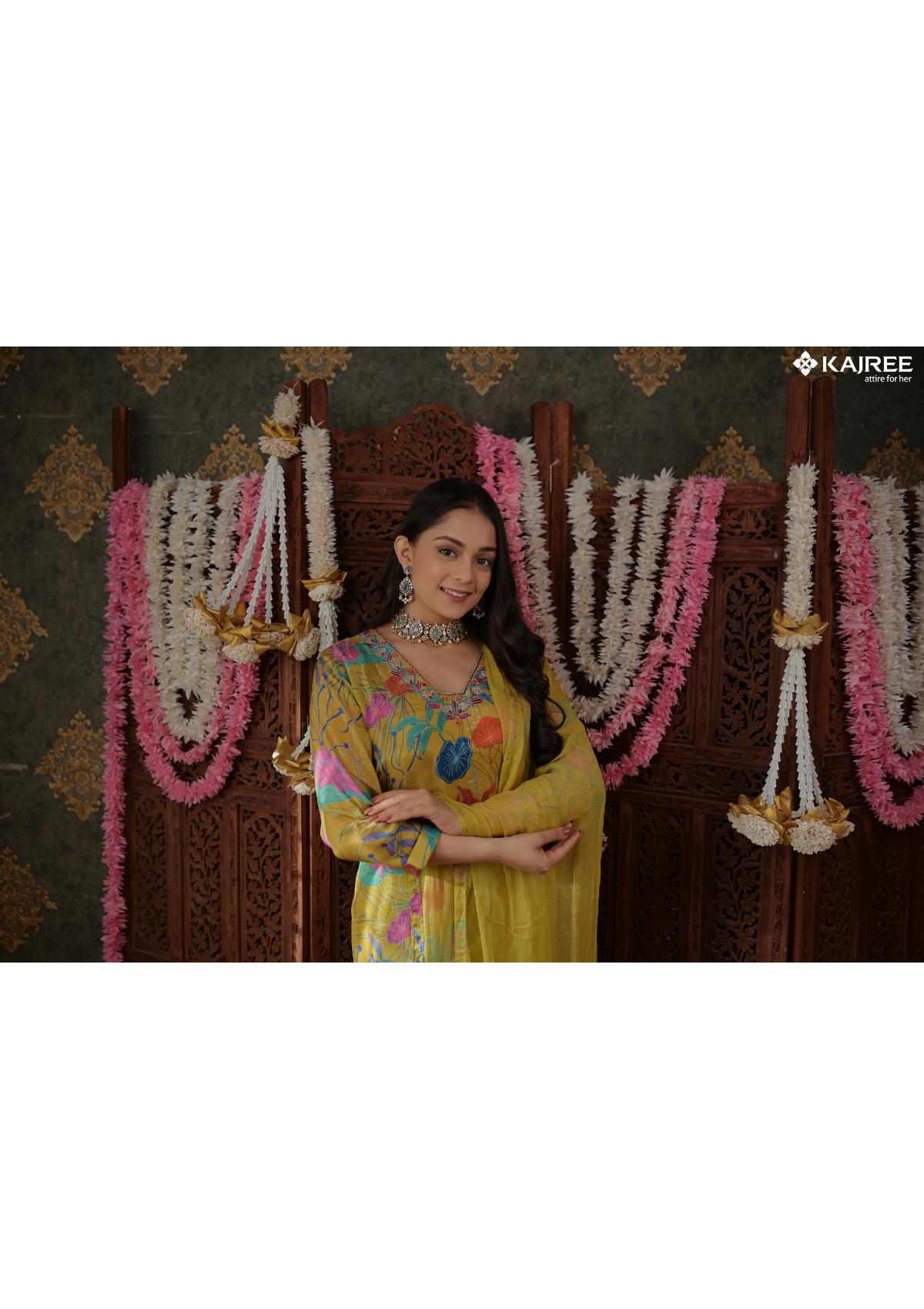 Yellow Block Printed Crepe Kurta Set 