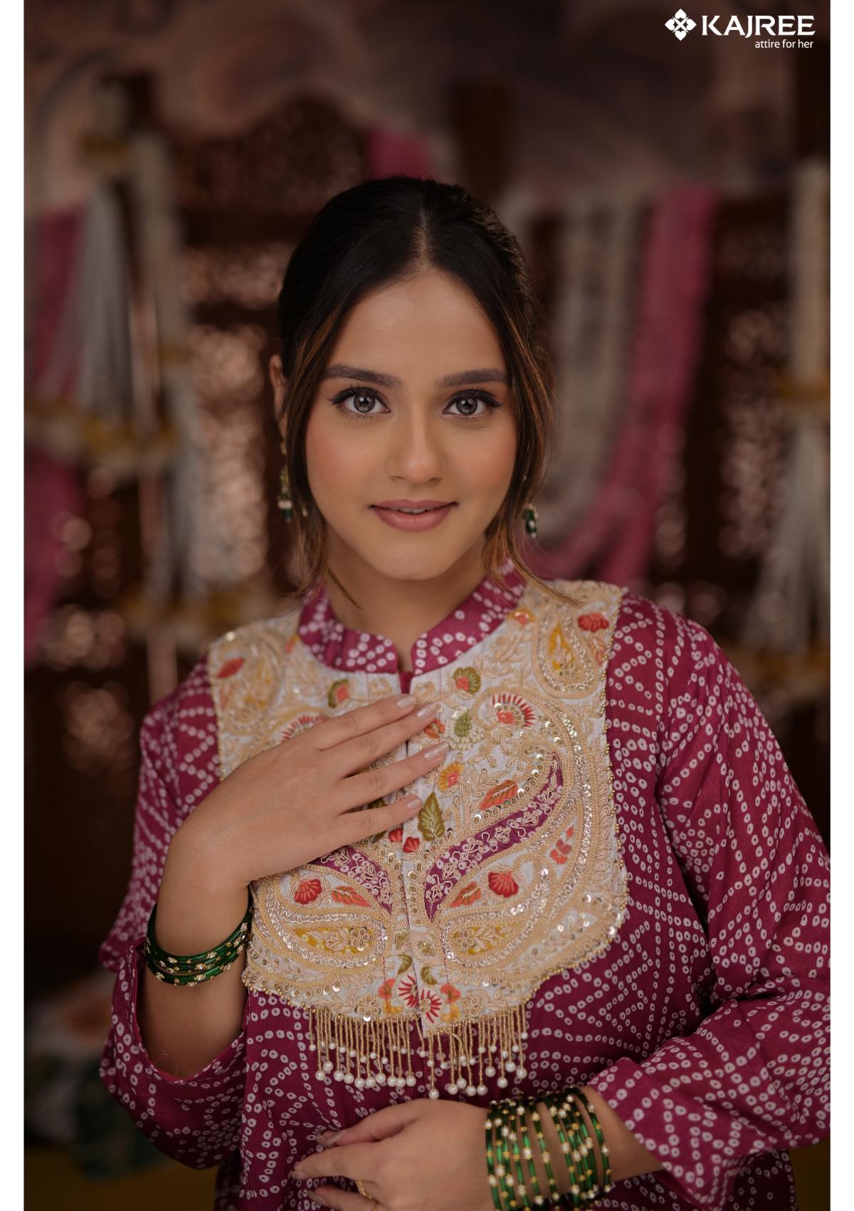 Purple Handwork Embroidery Top and Skirt bandhani 