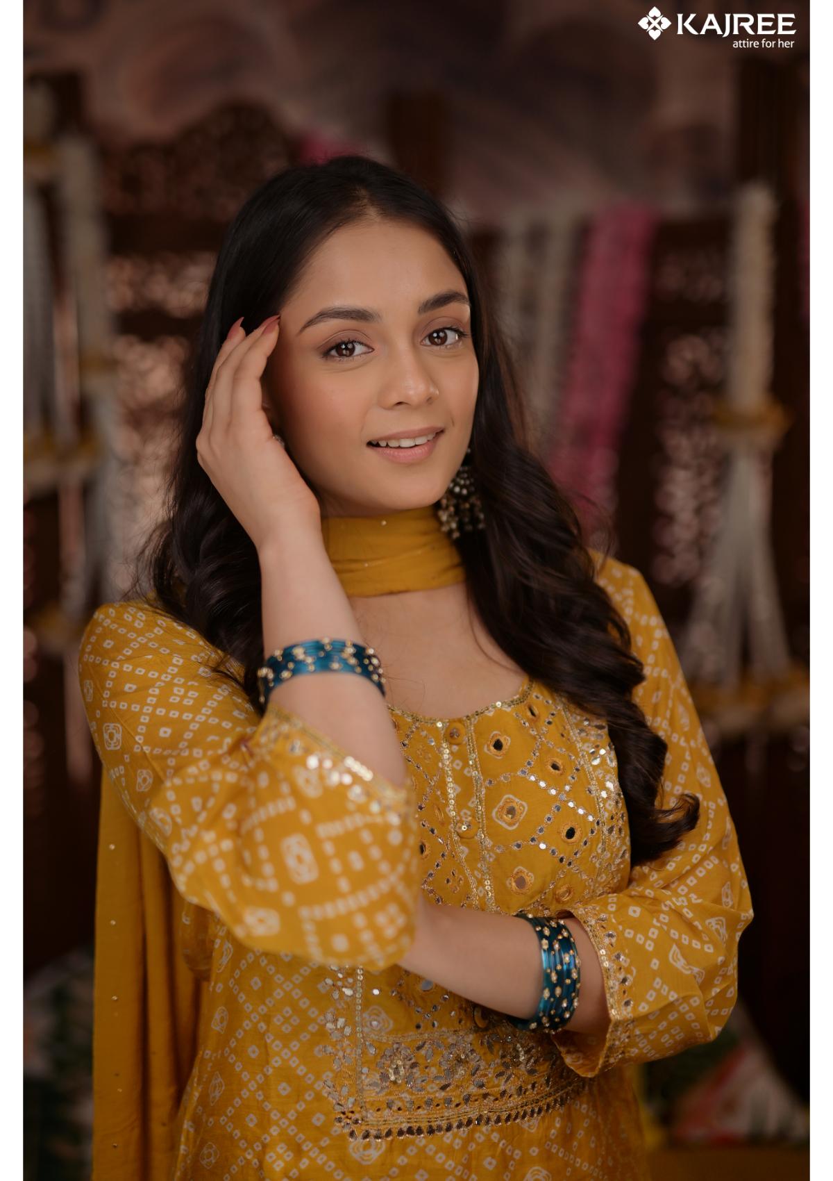 Yellow Mirror Work Silk Kurta Set 