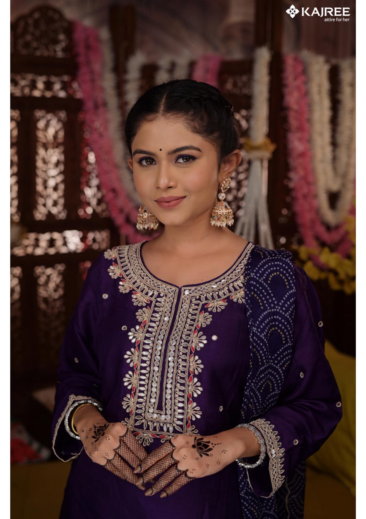 Purple Handwork Embroidery Silk Kurta Set 