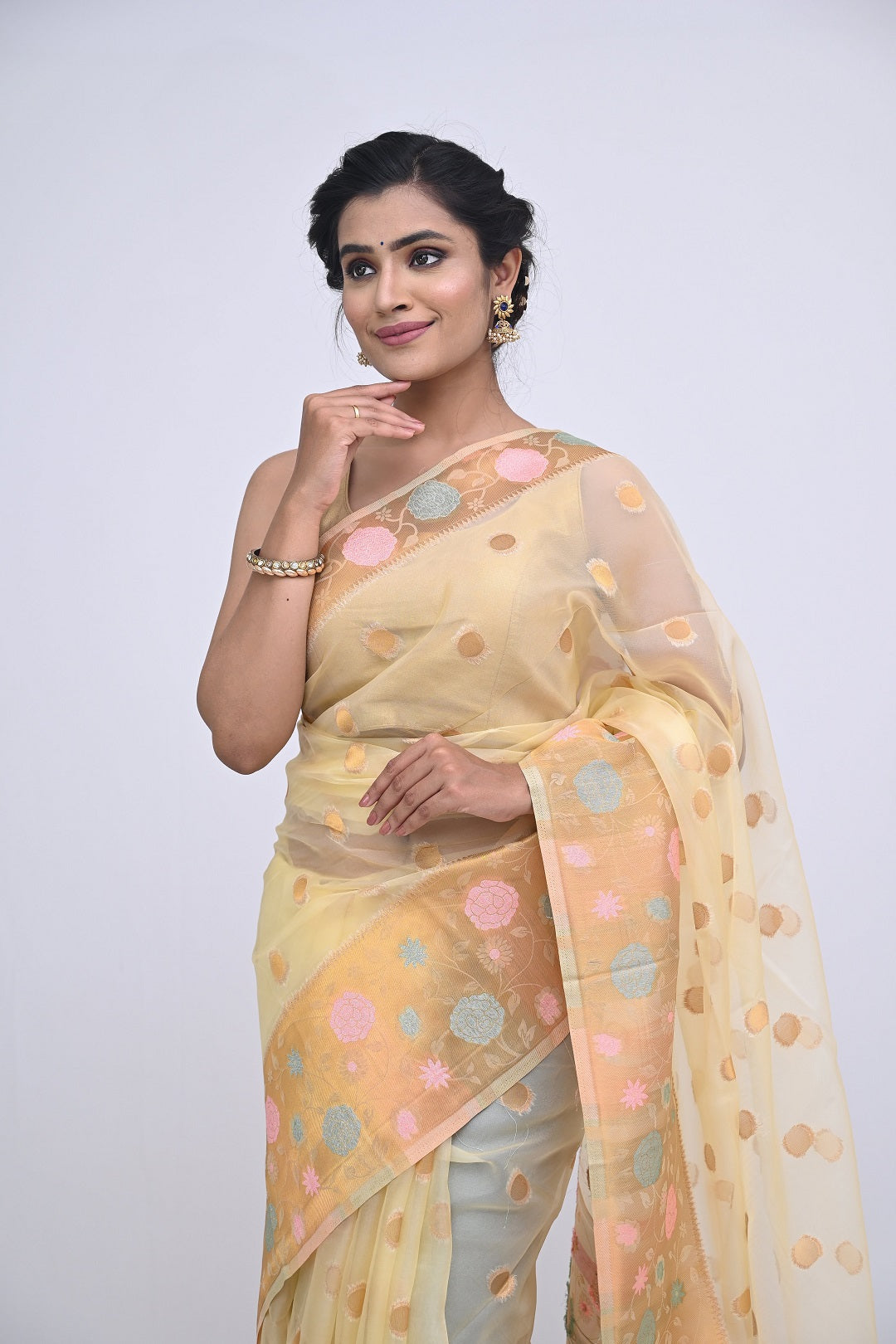 Lemon Yellow Zariwork Organza Saree 