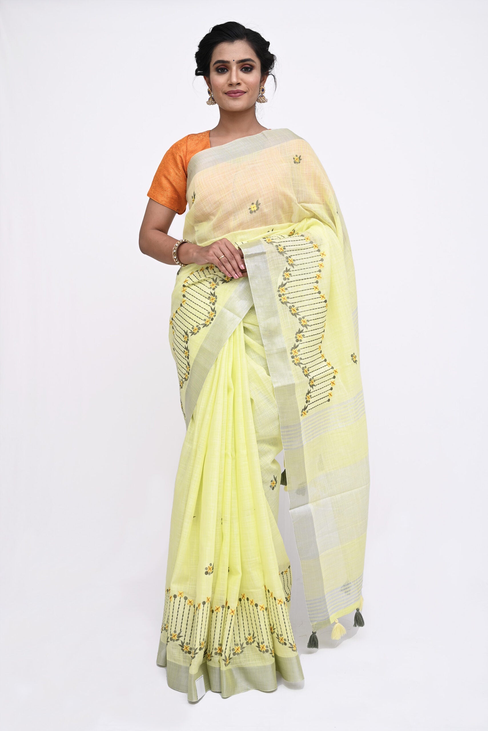 Lemon Yellow Threadwork Linen Saree 
