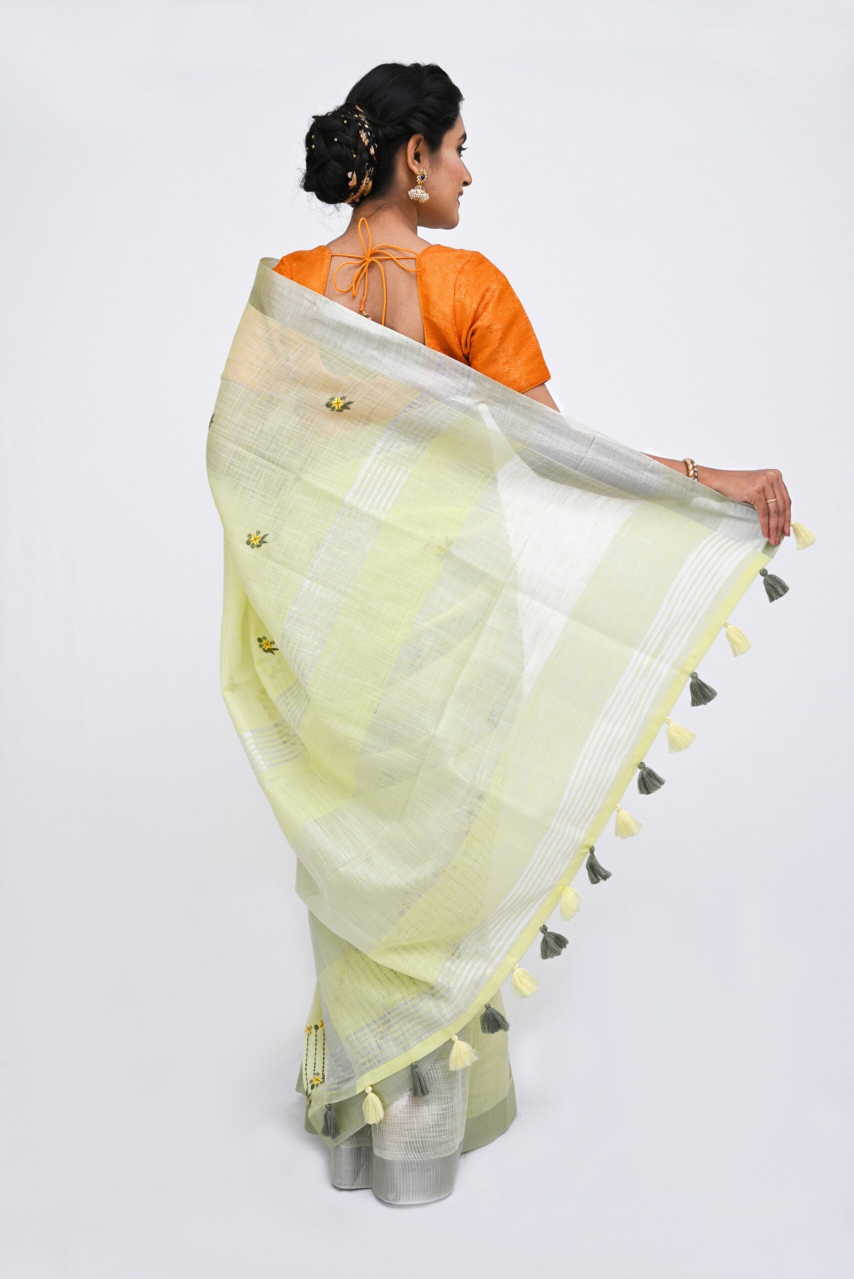 Lemon Yellow Threadwork Linen Saree 
