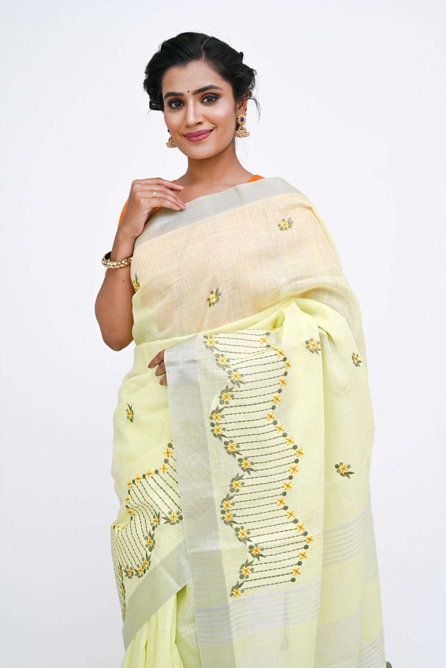Lemon Yellow Threadwork Linen Saree 