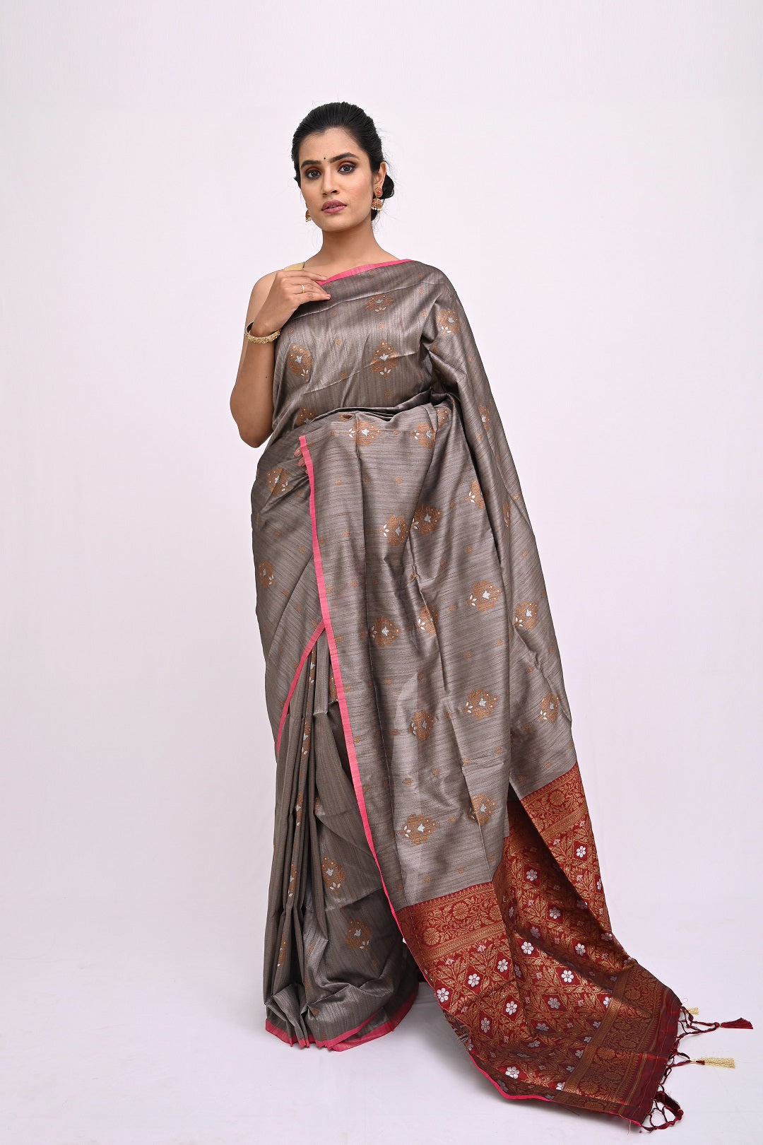 Grey Embroidered Design Linen Saree 