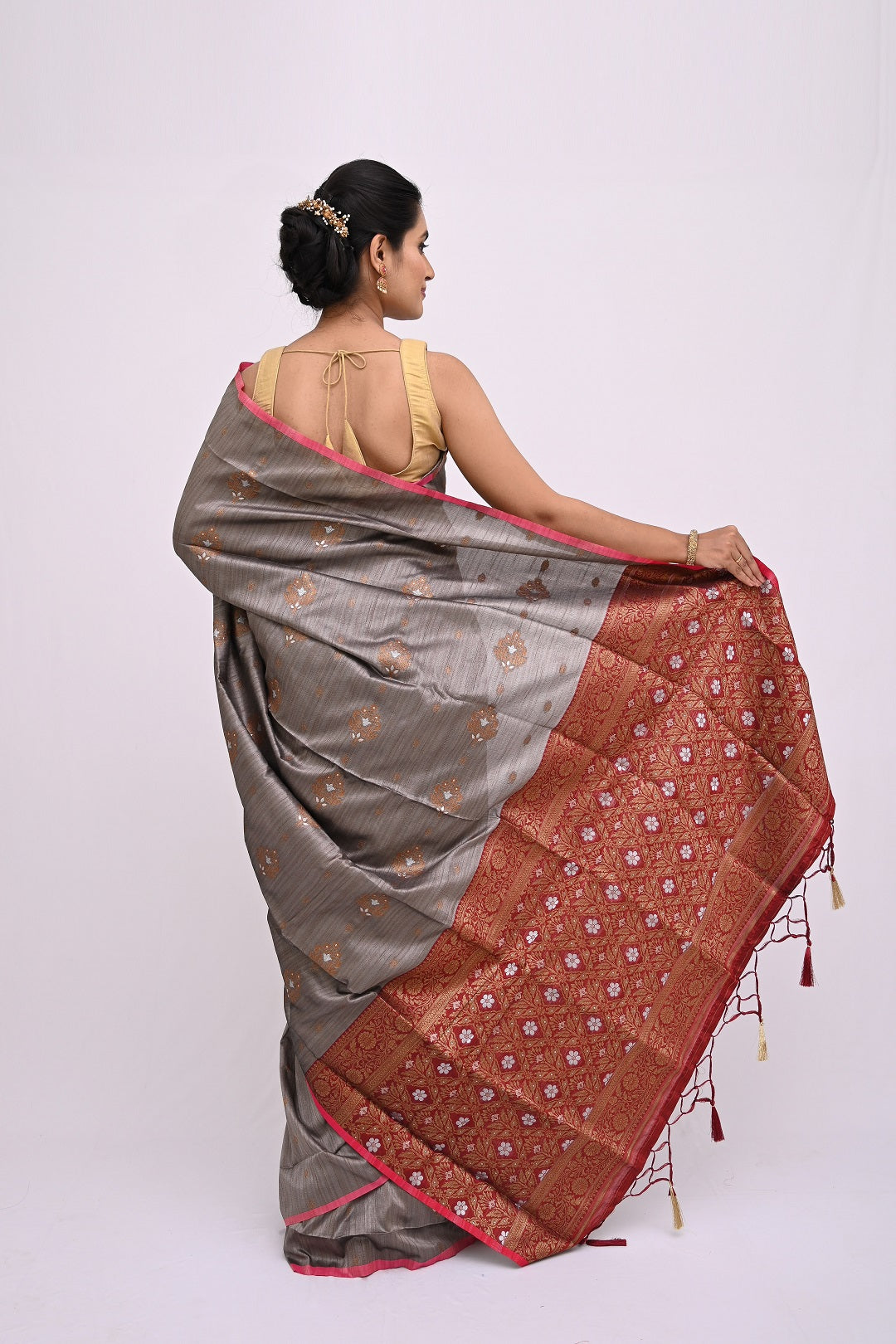 Grey Embroidered Design Linen Saree 