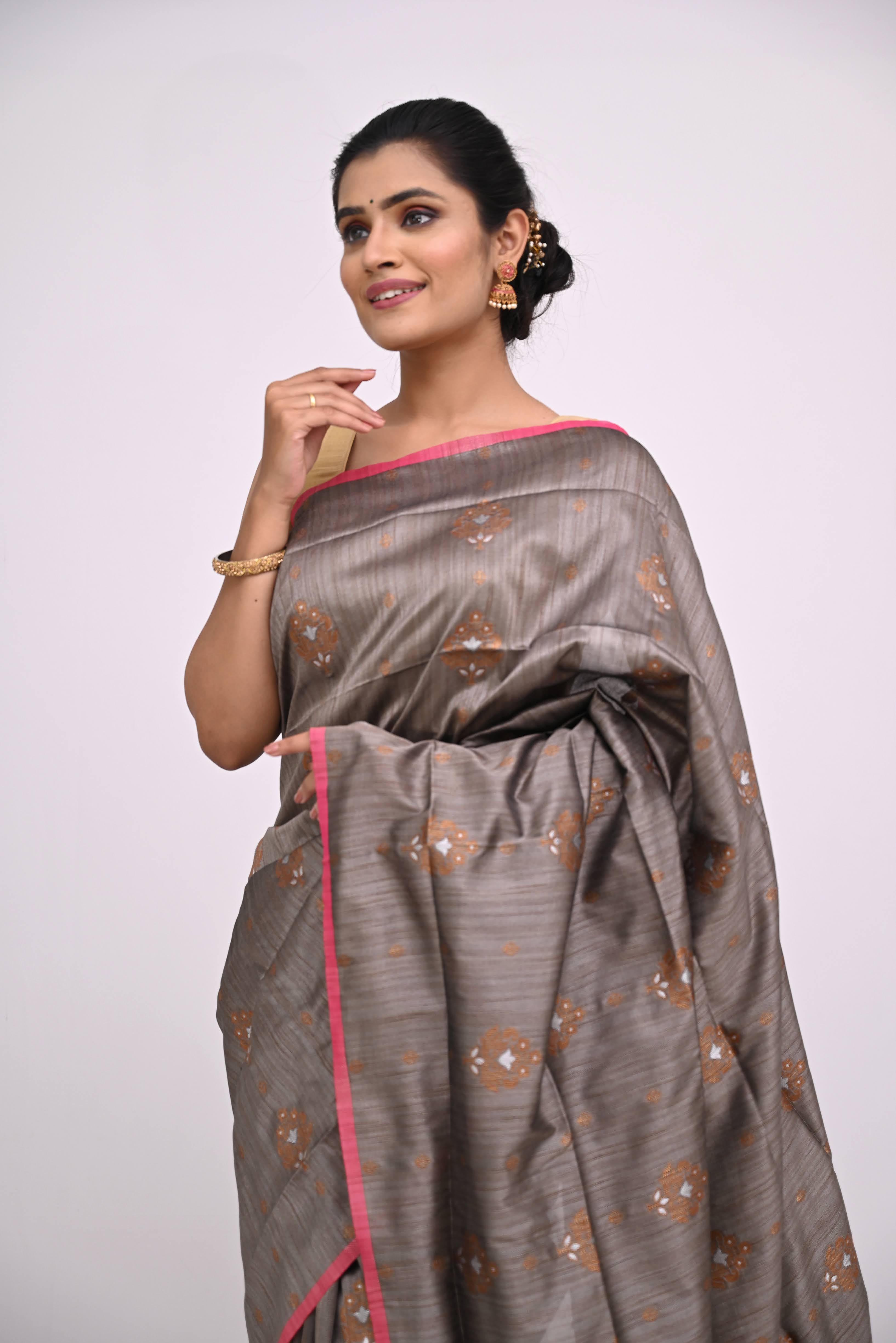 Grey Embroidered Design Linen Saree 