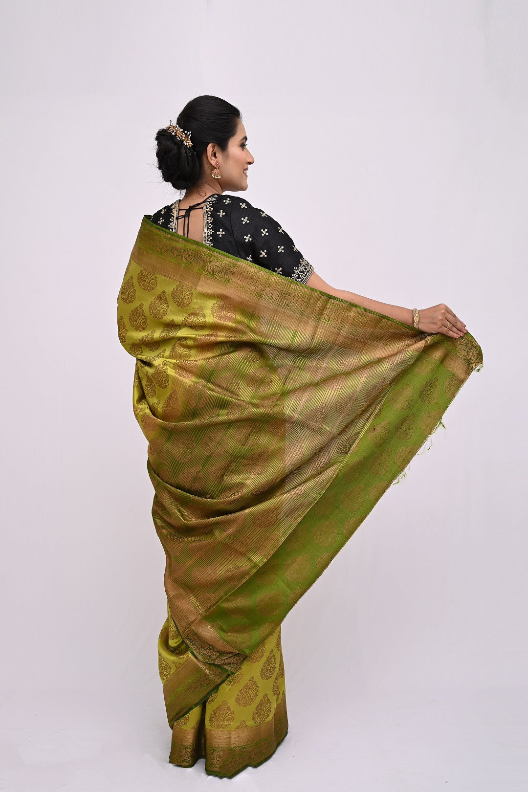 Olive Green Zariwork Raw Silk Saree 