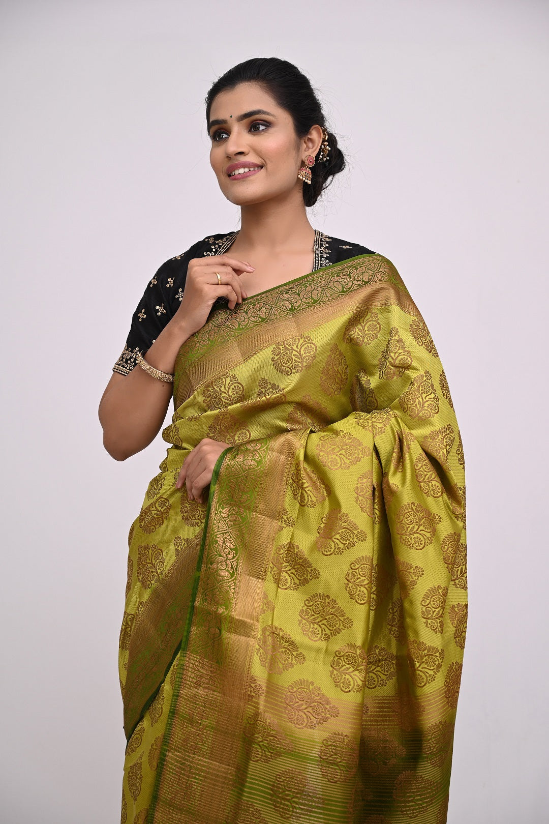 Olive Green Zariwork Raw Silk Saree 