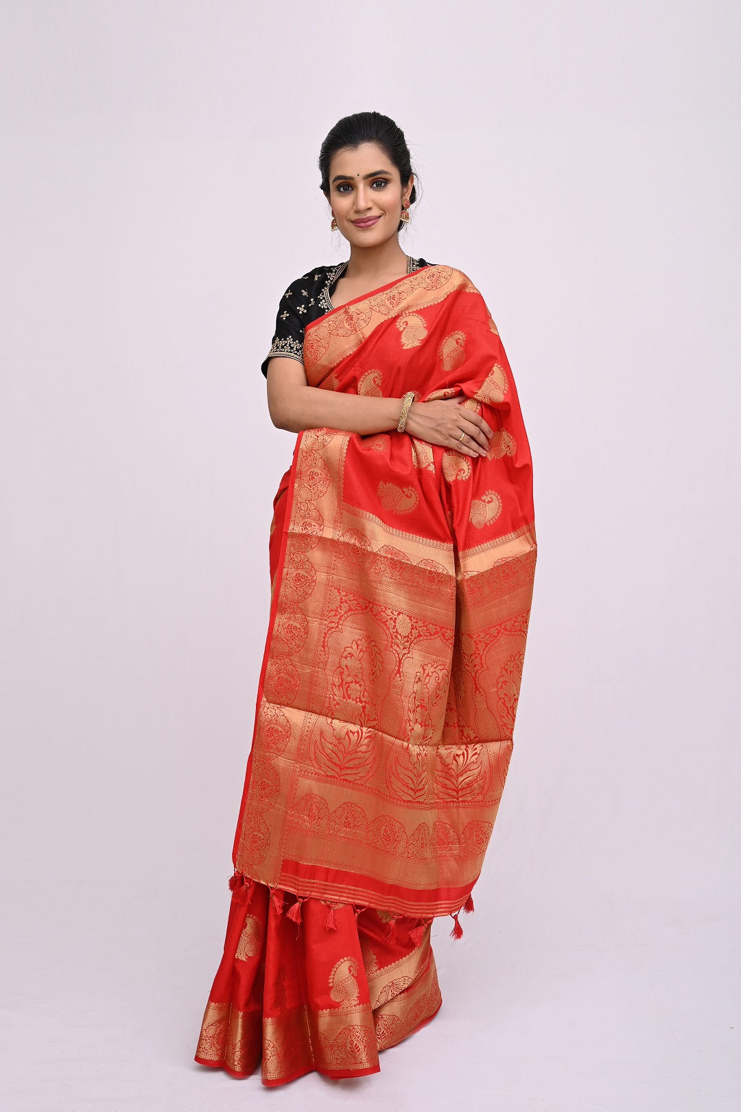 Red Embroidered Design Raw Silk Saree 