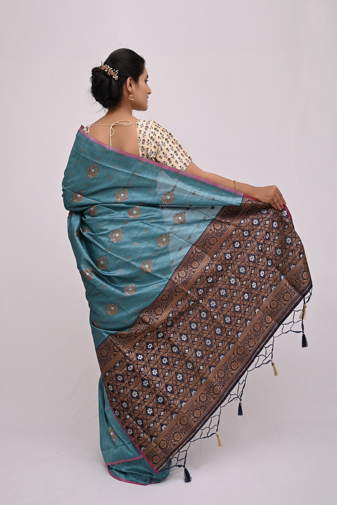 Turquoise Blue Zariwork Tussar Silk Saree - KAJREE