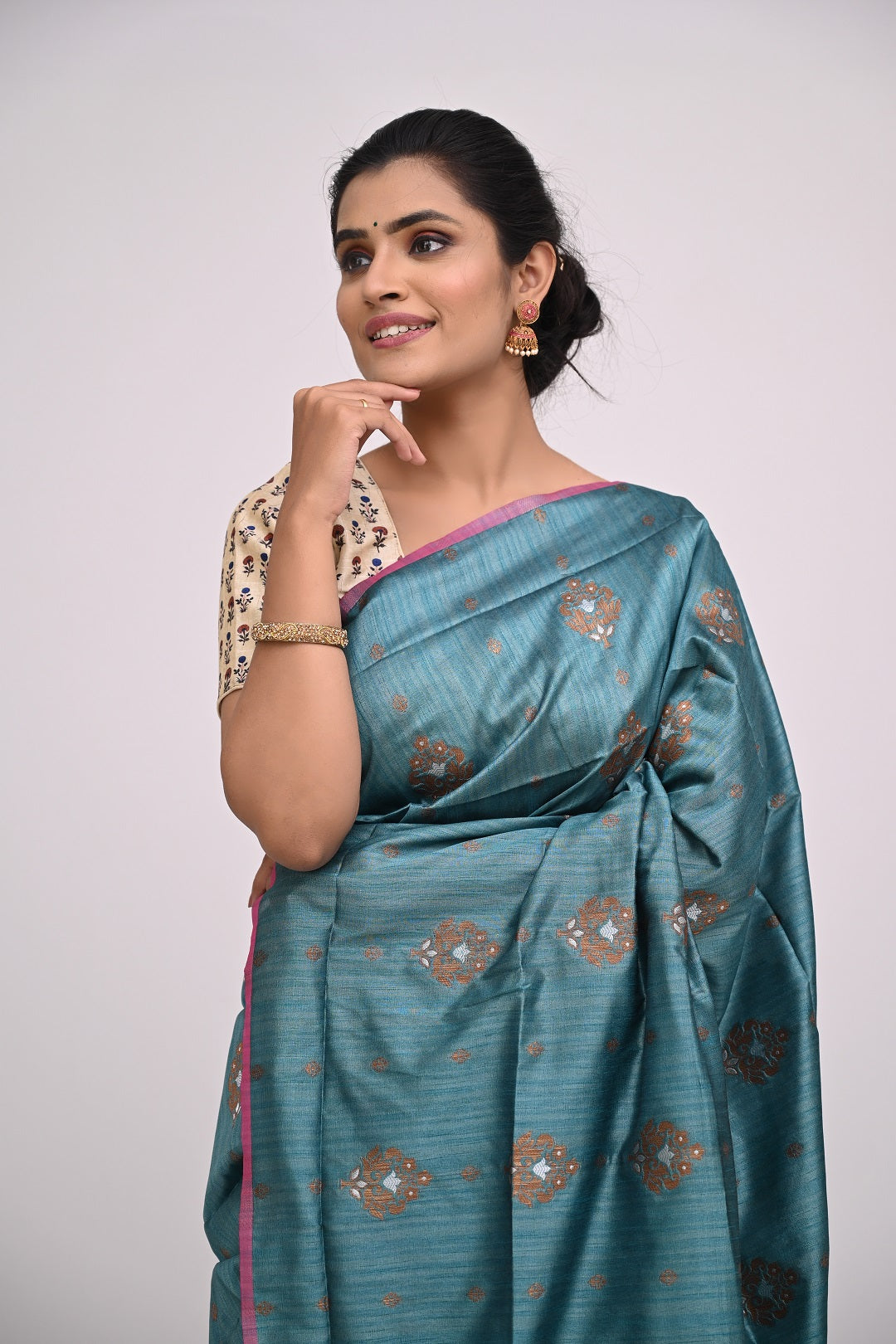 Turquoise Blue Zariwork Tussar Silk Saree - KAJREE