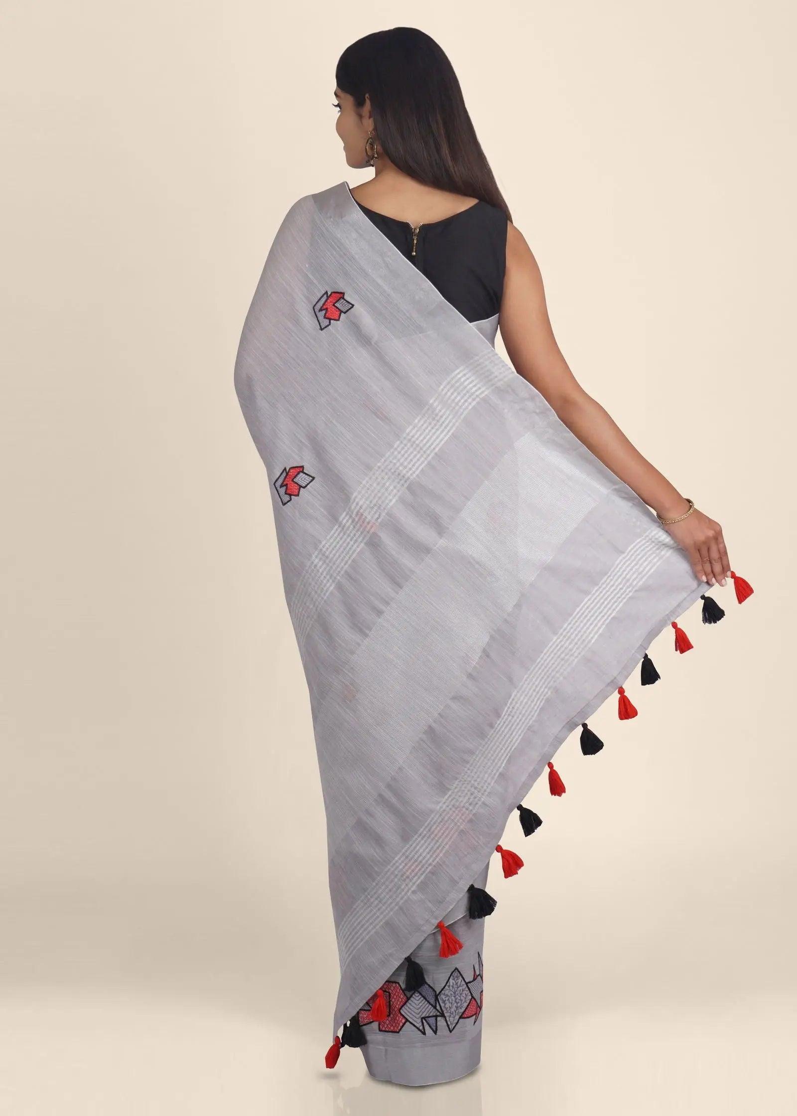 Grey Threadwork Linen Saree - KAJREE