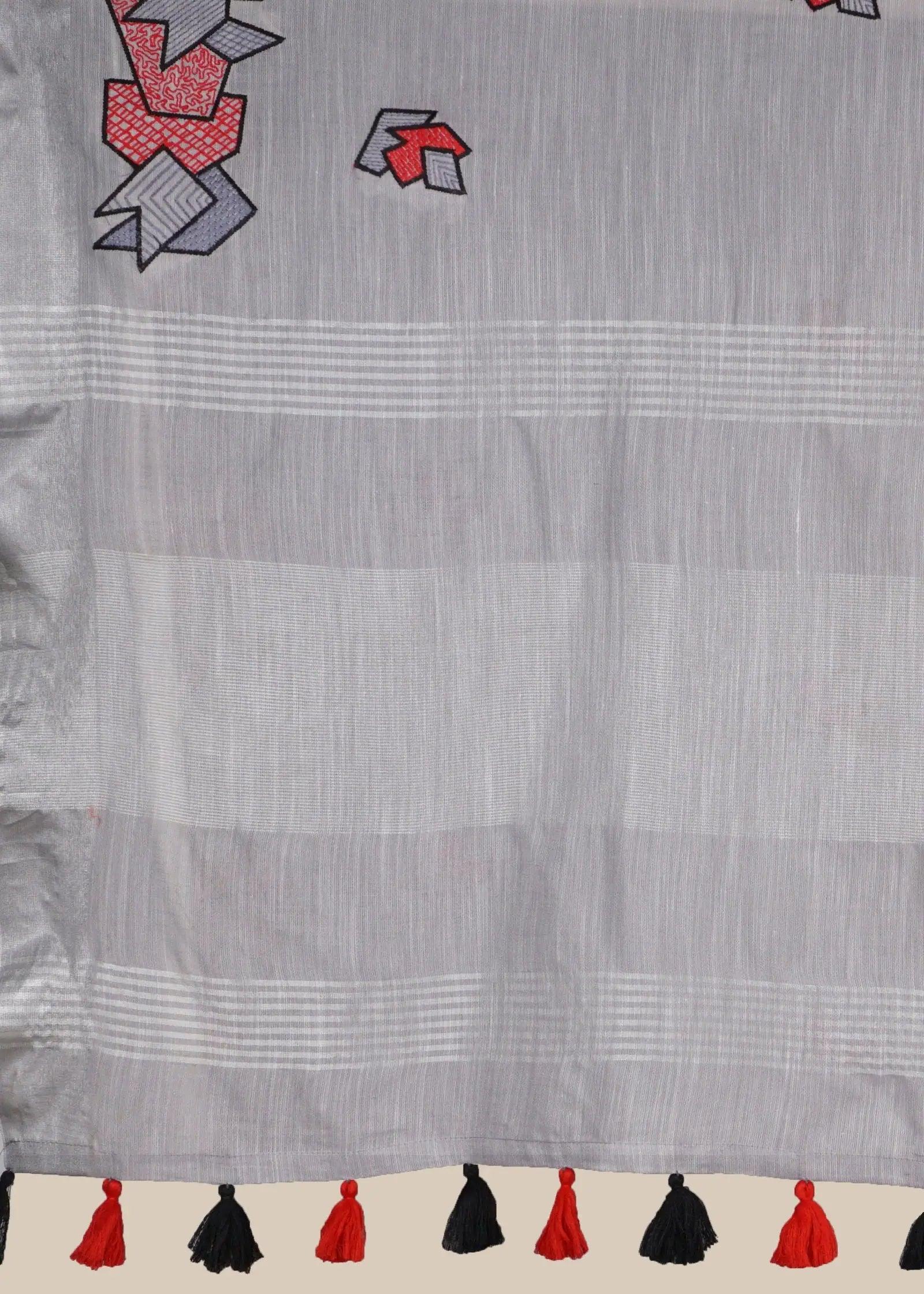 Grey Threadwork Linen Saree - KAJREE