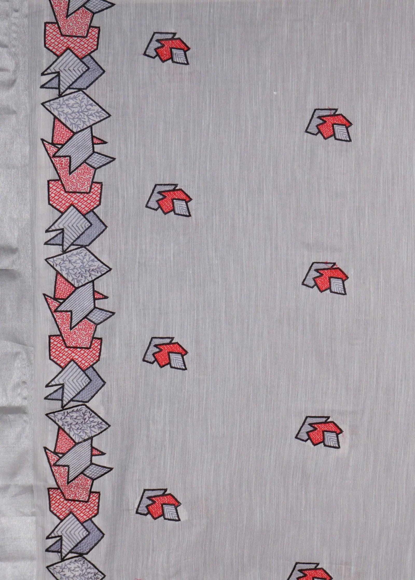 Grey Threadwork Linen Saree - KAJREE