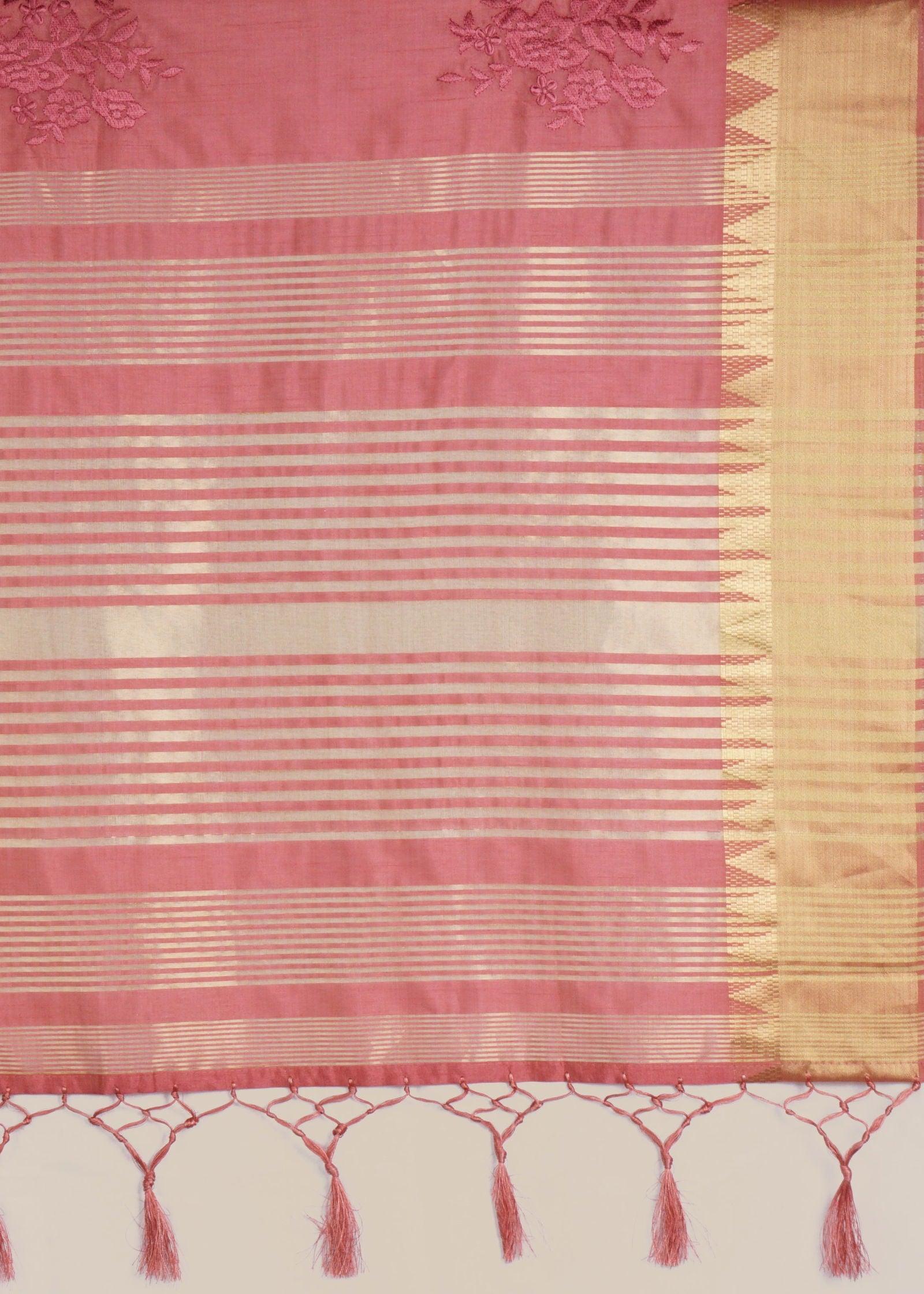 Berry Pink Threadwork Raw Silk Saree - KAJREE
