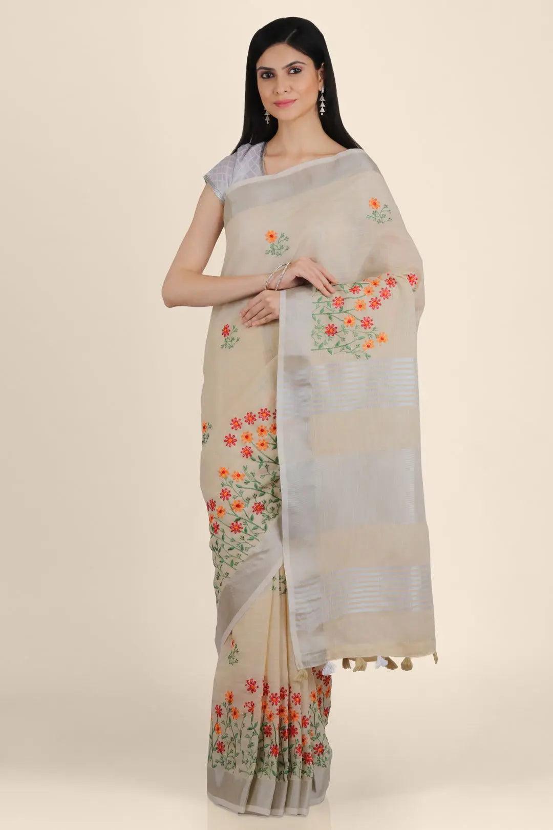 Beige Threadwork Linen Saree - KAJREE