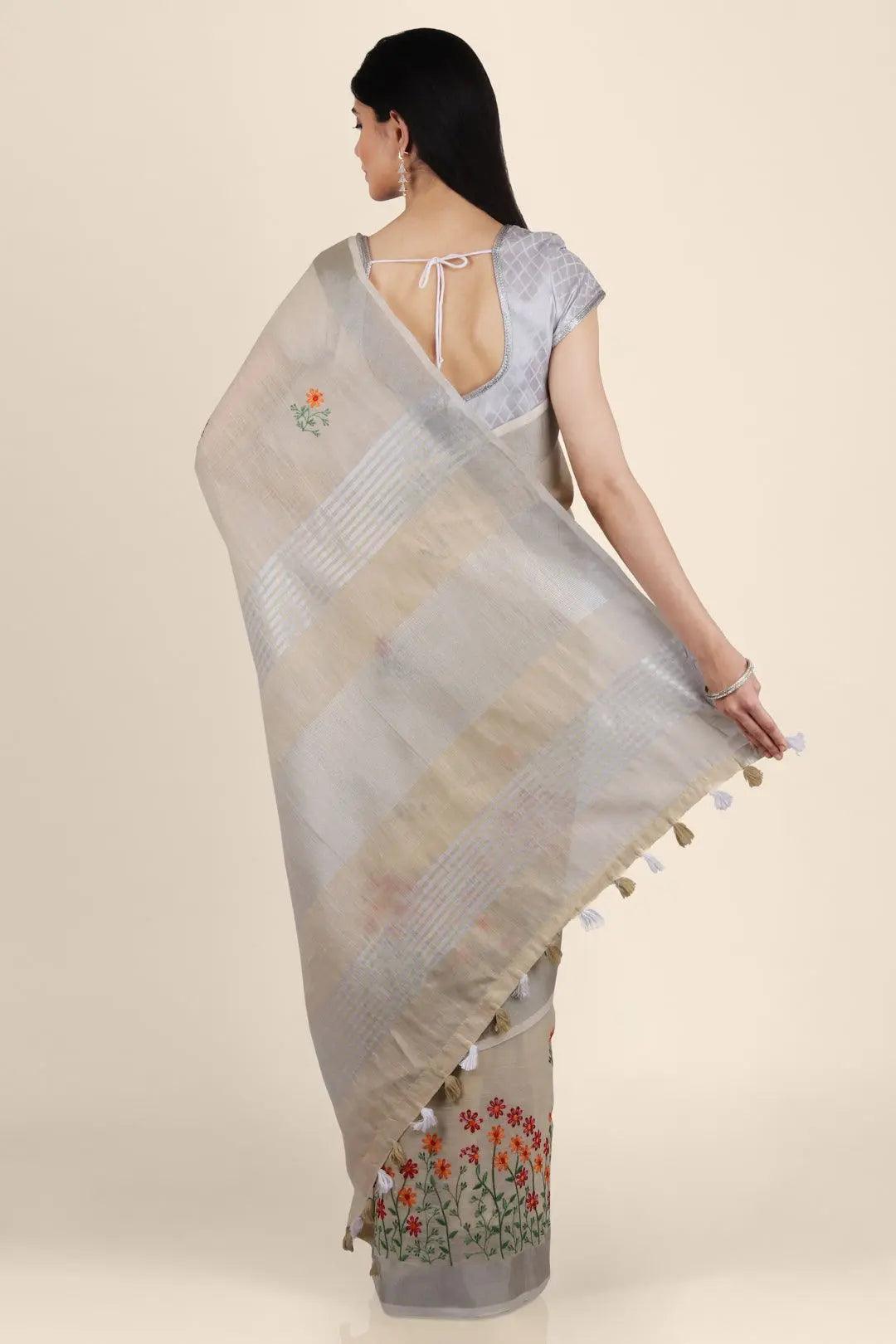 Beige Threadwork Linen Saree - KAJREE