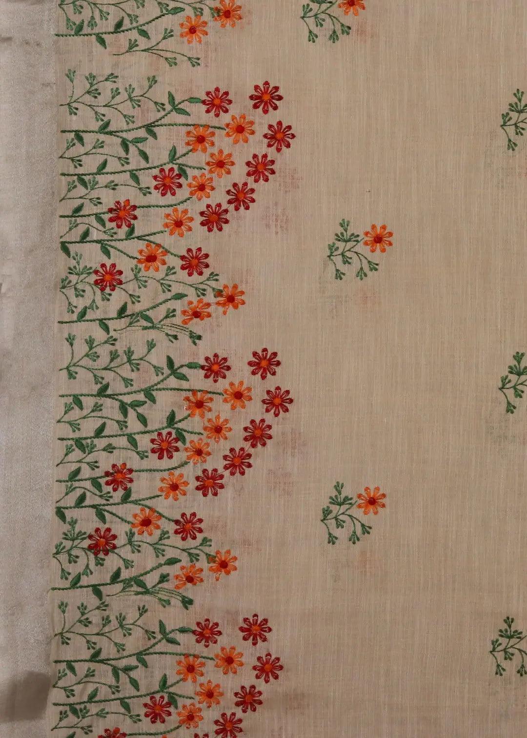 Beige Threadwork Linen Saree - KAJREE