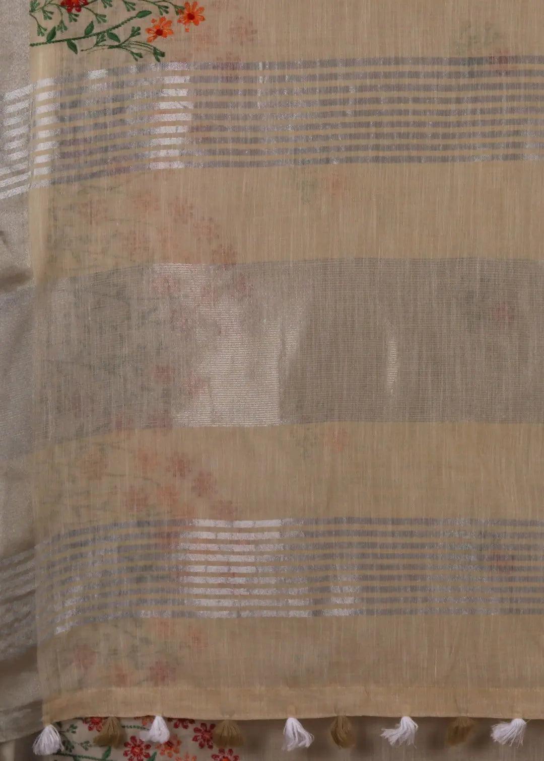 Beige Threadwork Linen Saree - KAJREE