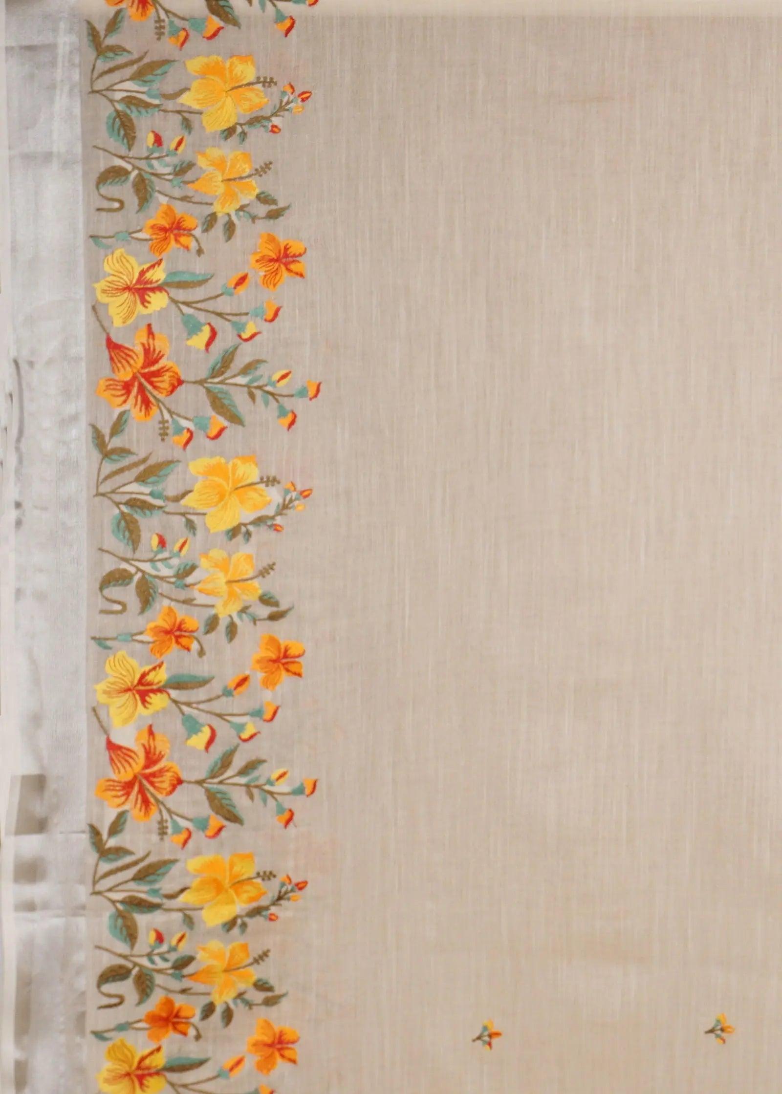 Cream Threadwork Linen Saree - KAJREE